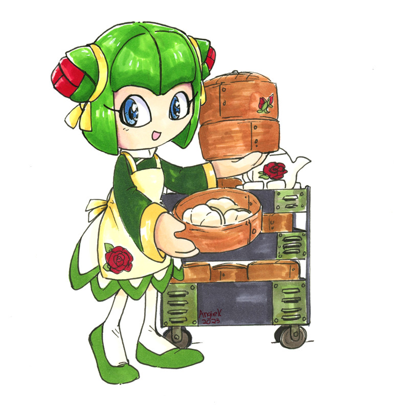 Cosmo vs. Yum Cha: Cosmo from the Sonic X series is wearing a modified qipao dress with an apron. She's happily holding Chinese dumplings or bao and beside her is a cart with a tea set on it.