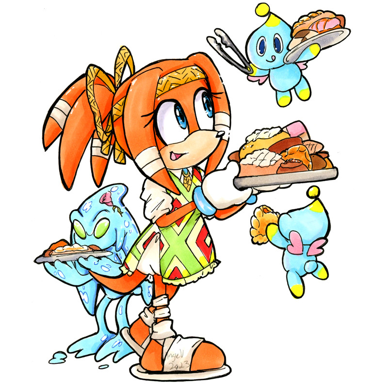 Tikal the Echidna vs. Panaderia: Tikal from Sonic Adventure is wearing a waitress outfit in her signature colors while holding out a tray of various pan dulce/mexican & south american sweet breads to offer to some happy chao. Chaos 0 is behind her also who his own tray of bread.