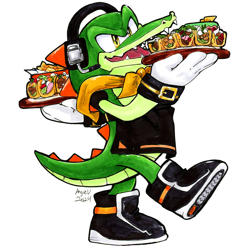 Vector the Crocodile vs. Taqueria: Vector from the Sonic franchise is happily carrying large platters full of tacos with various ingredients in them. He's wearing a black apron & yellow bandana around his neck as his uniform.