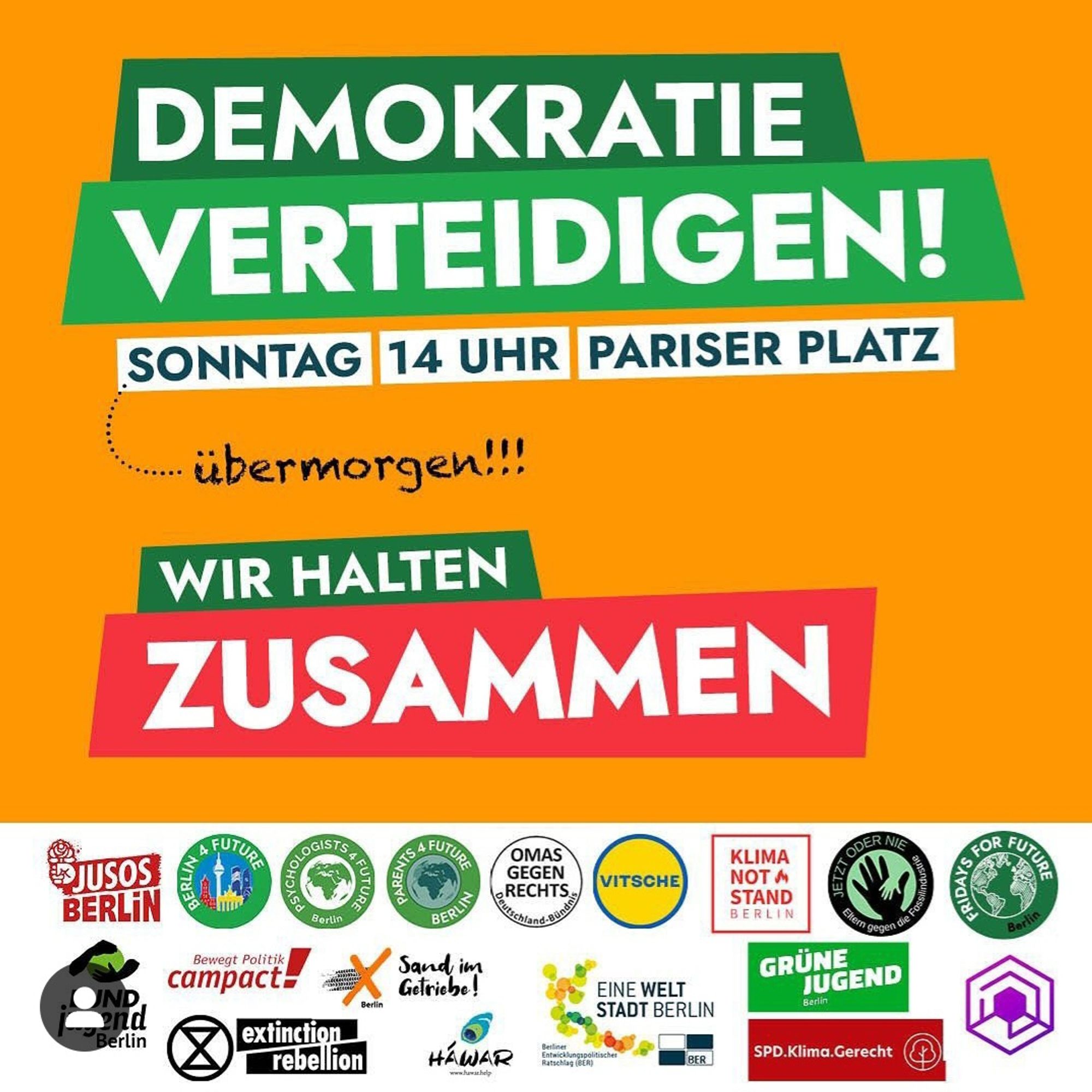 Sharepic Demoaufruf 14.01., 14 Uhr Brandenburger Tor. Demo gg die Afd. Für due Demokratie.