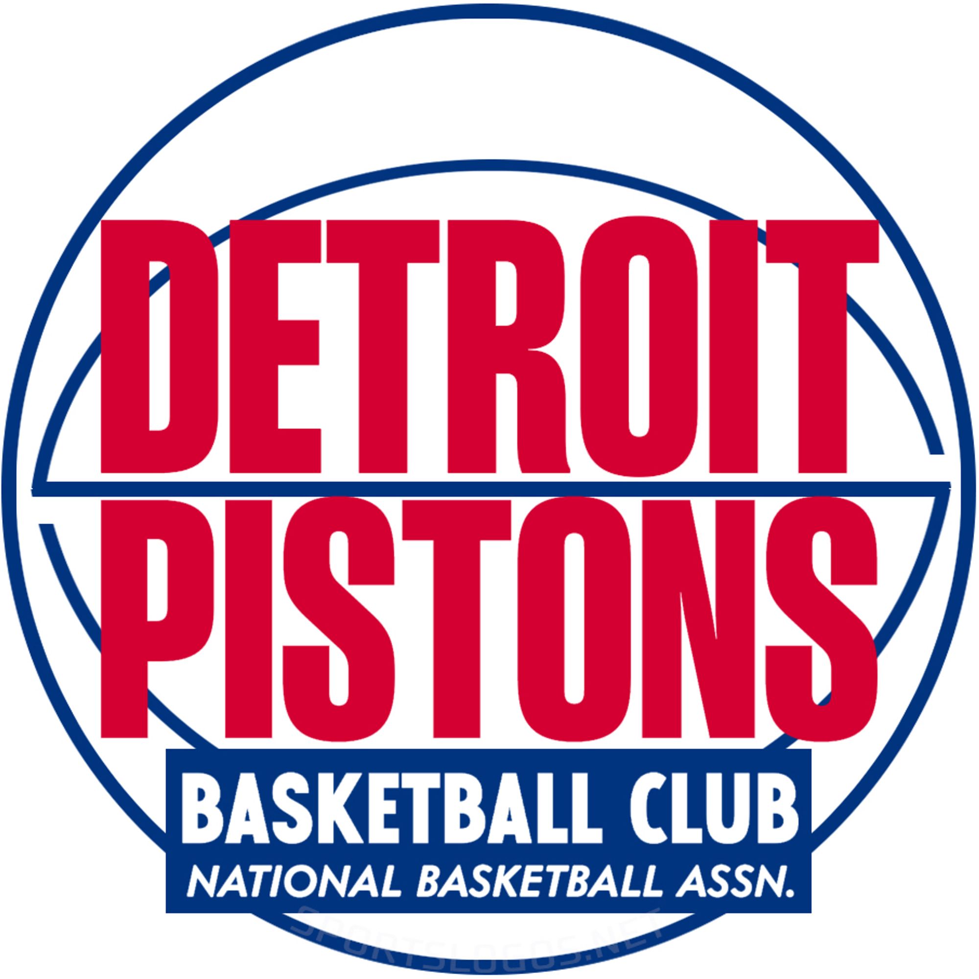 Detroit Pistons logo from 1957. The team name in red in front of the blue outline of a basketball.