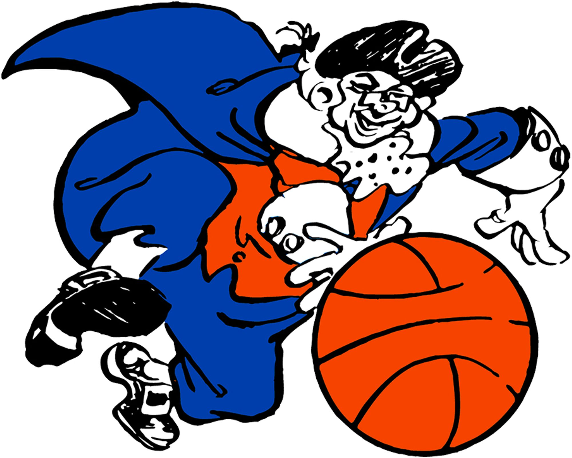 New York Knickerbockers logo from 1946. A chubby old man dressed in blue and orange 17th-century clothing dribbles a large basketball.