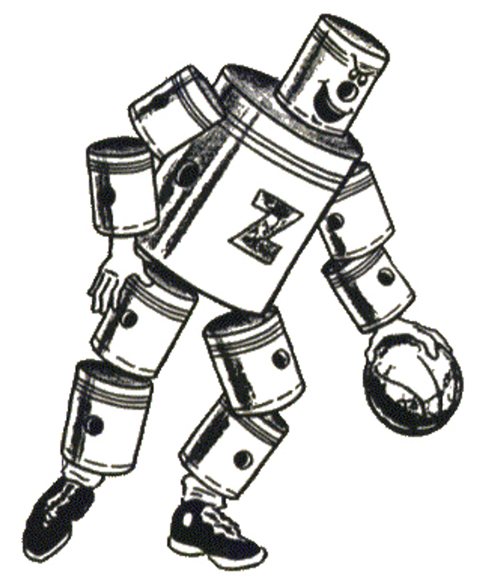 Fort Wayne Pistons logo from 1941. A cartoon man made entirely out of pistons wearing basketball shoes and dribbling a basketball. The letter Z is on his chest for the Zollner Corporation.