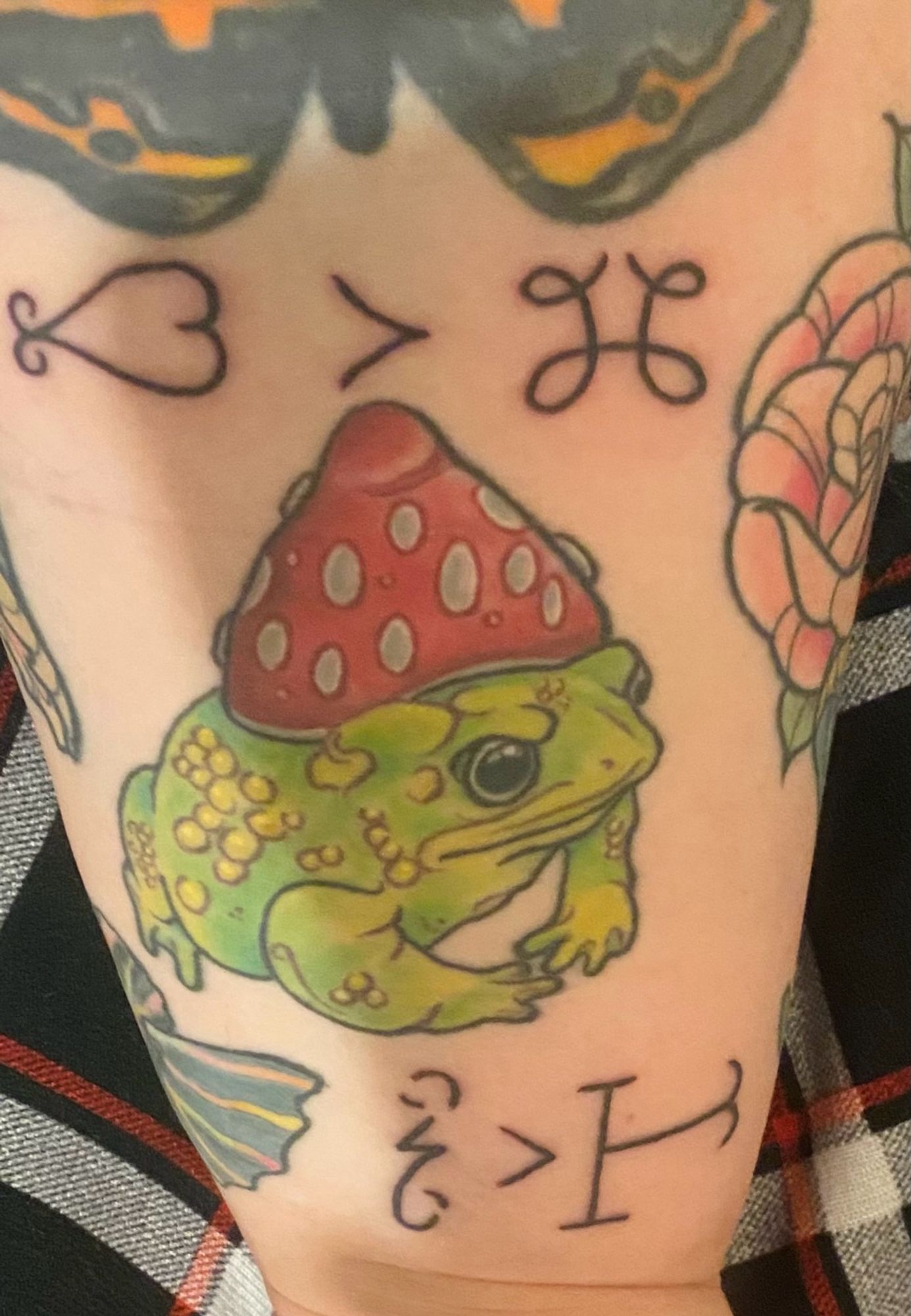 Closeup of forearm with tattoos of Mi’kmaw hieroglyphs and also an angry toad with a mushroom on his head, part of an ammonite, part of a rose, and part of a butterfly