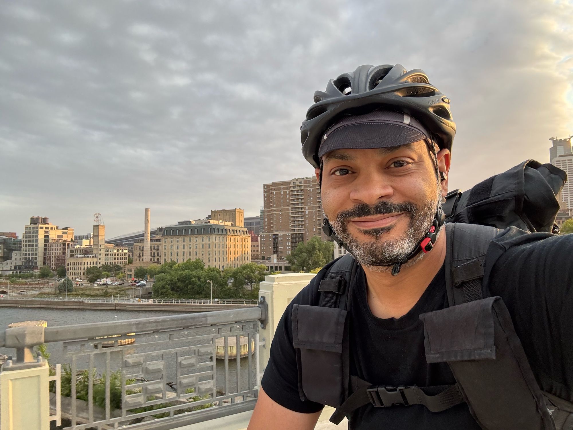 Selfie while biking north on the 3rd ave bridge across the Mississippi