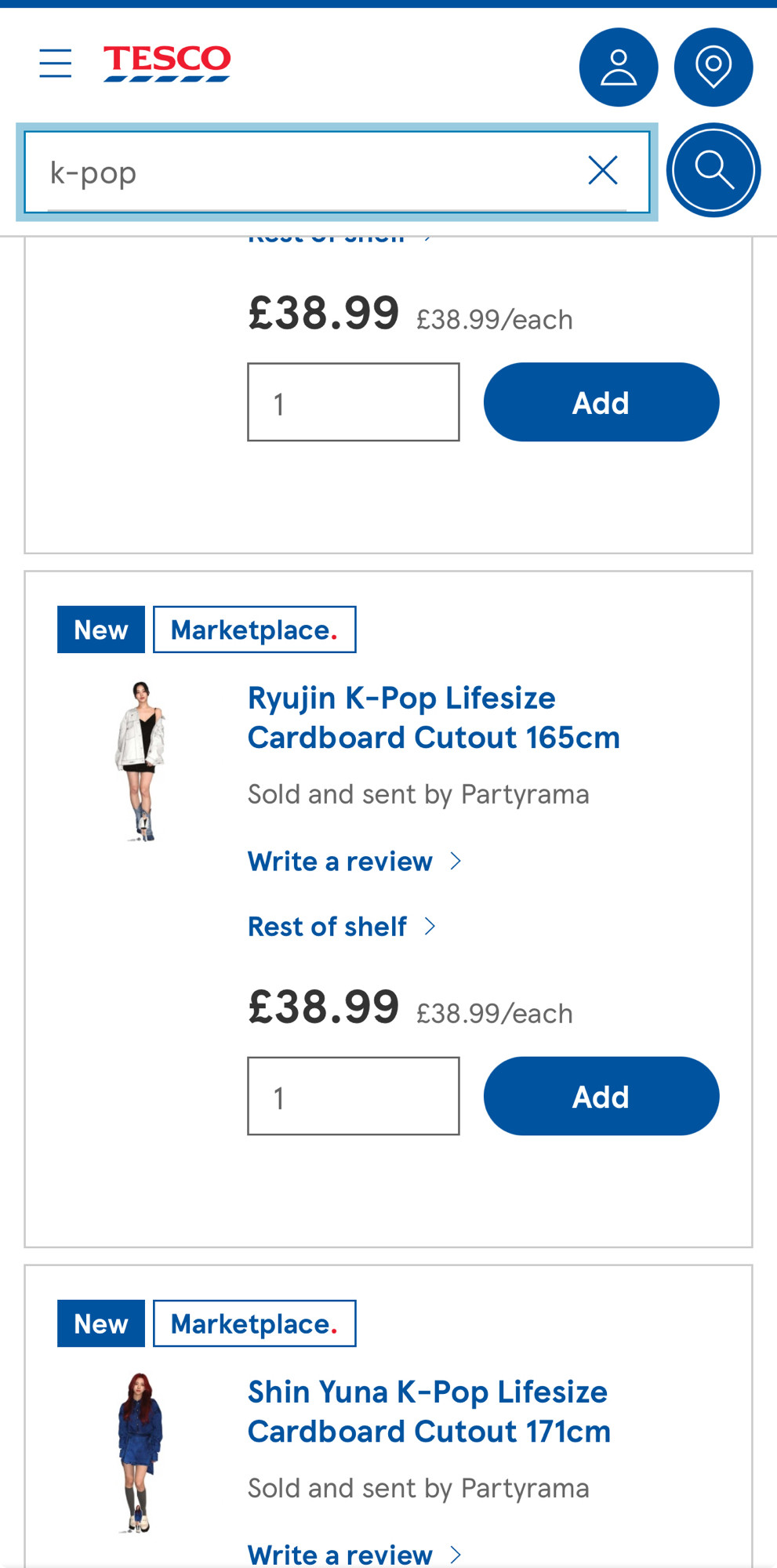 Screenshot of Tesco website showing Ryujin K-Pop lifesize Cardboard Cutout 165cm for £38.99 