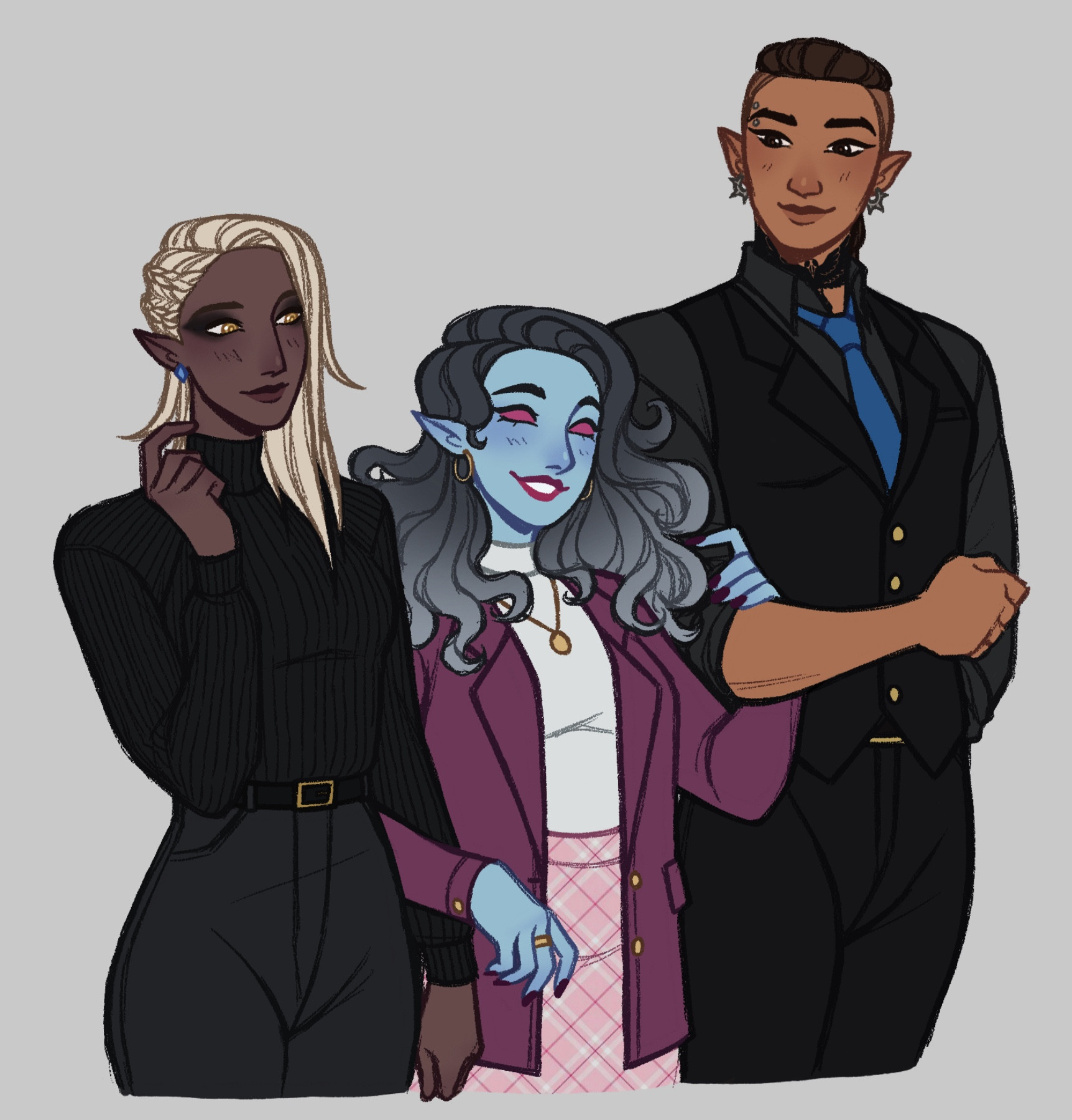 Poly lesbian mafia ocs my friends and I made together!!! From left to right- Zurui, a tall and elegant elf, Fermata, a short and stylish air genasi, and Maija, a very large and stoic butch Shifter. They’re all linking arms and smiling.