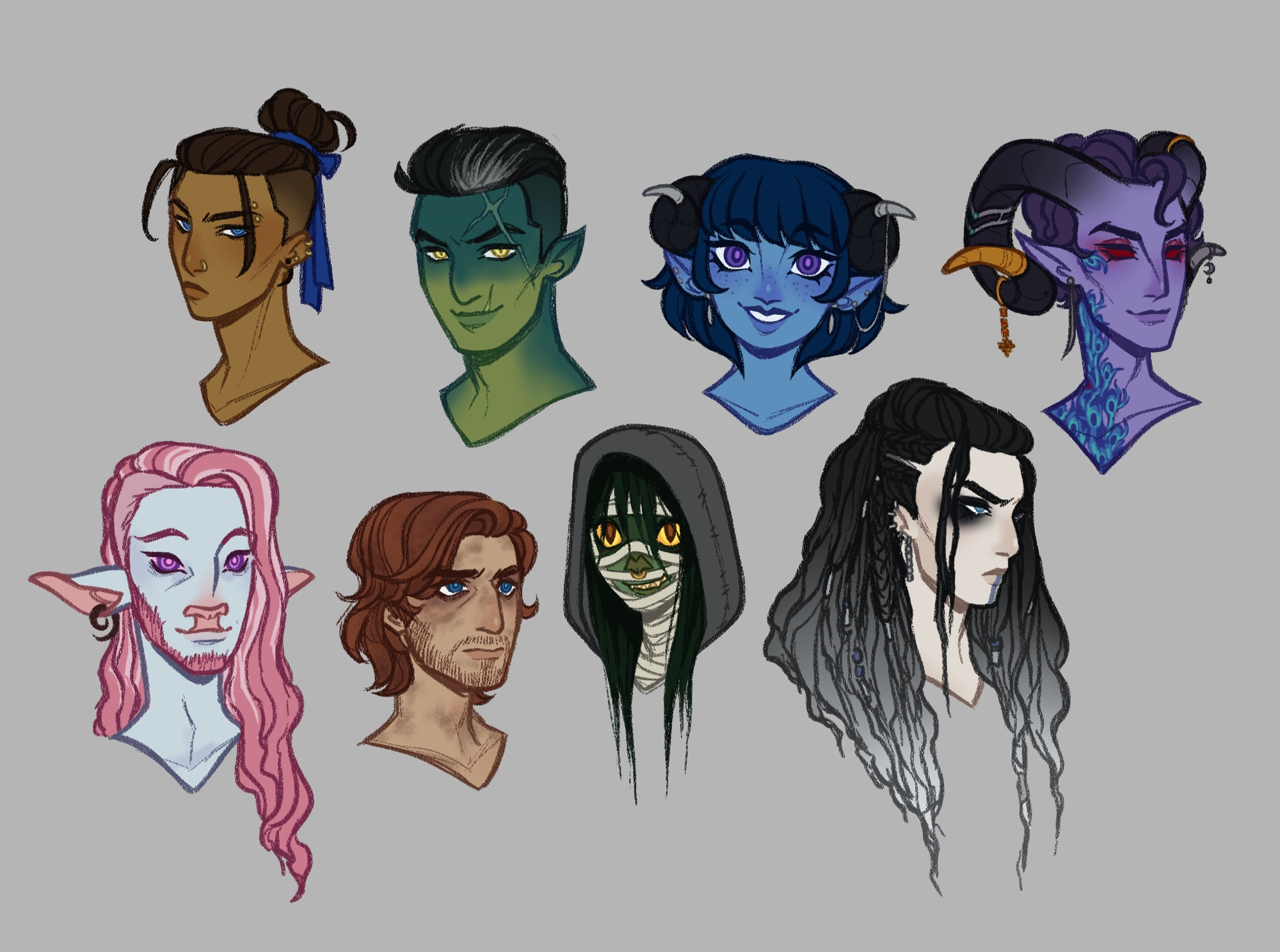 Fanart of the Mighty Nein, the player characters of Critical Role’s campaign two. Top row, from left to right, are Beau, Fjord, Jester, and Mollymauk. Bottom row are Cadeucus, Caleb, Nott, and Yasha.