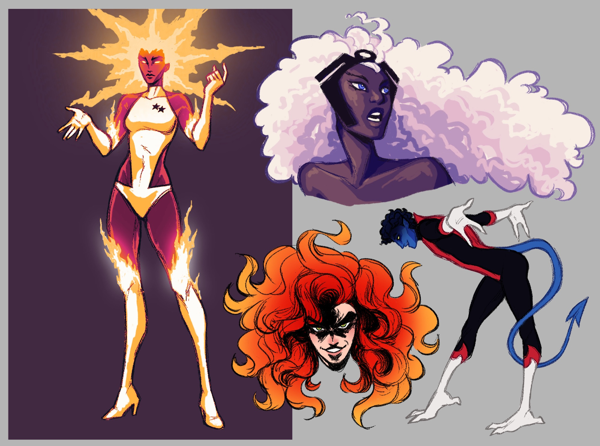 Fan art of marvel comics characters, taken from specific comic panels. On the left is Binary, top right is Storm, bottom middle is Jean Grey, and bottom right is Nightcrawler.