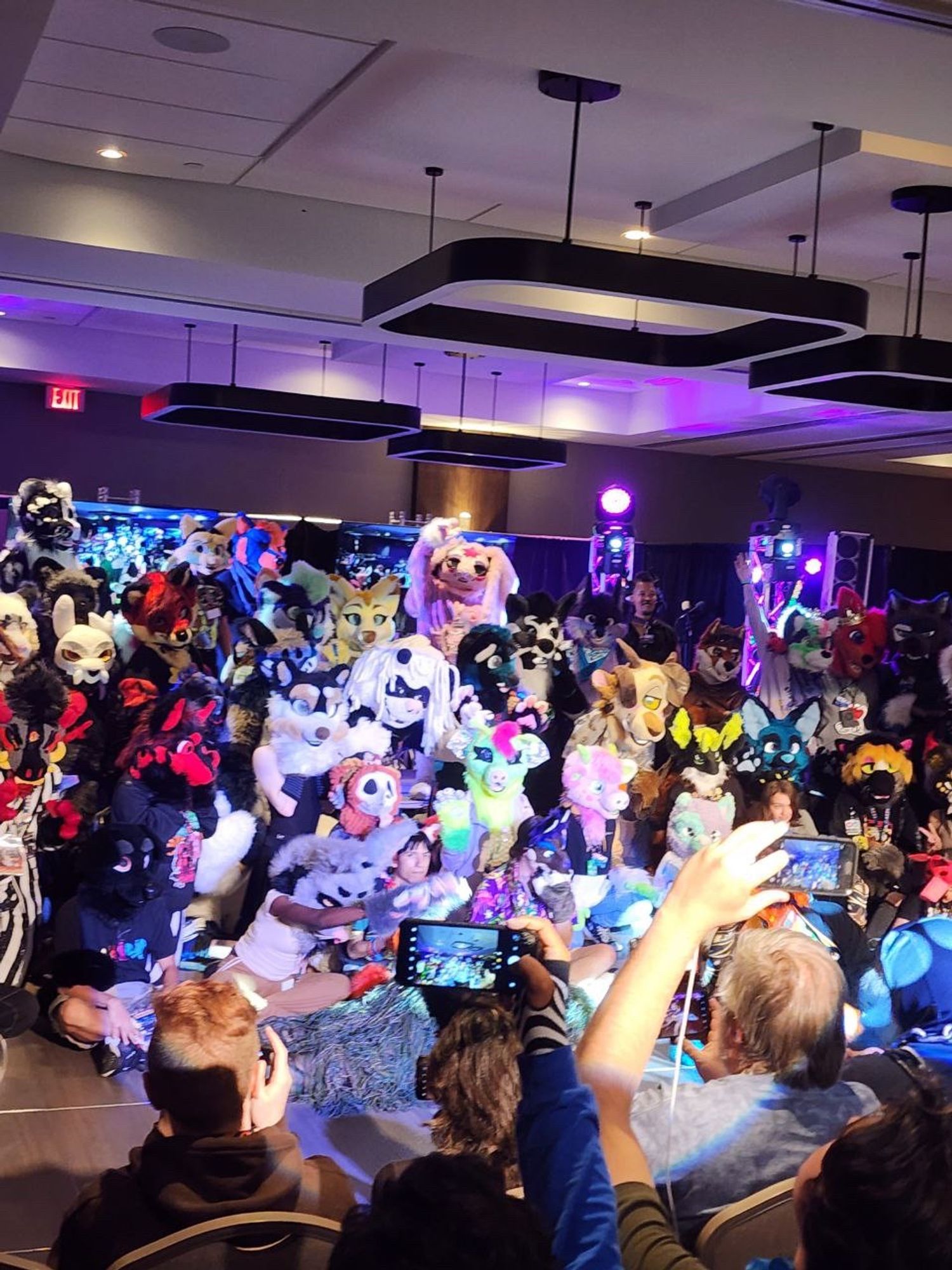 Participants and con goers posing for a group picture after the Fursuit Runway