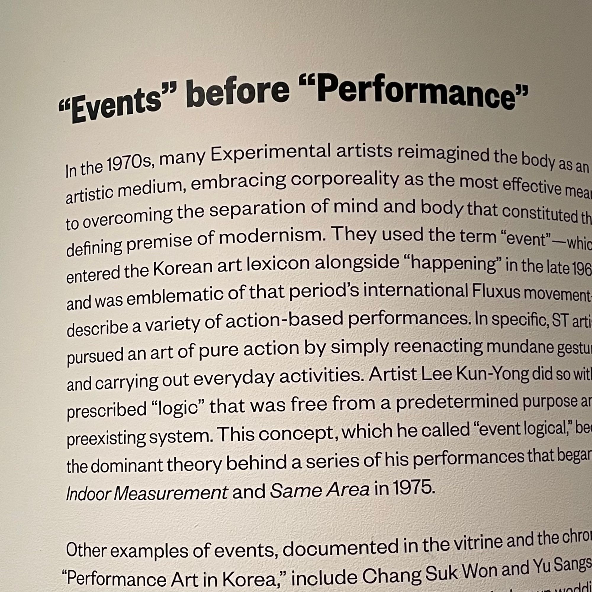 Text on a museum wall with the header “Events” before “Performance”