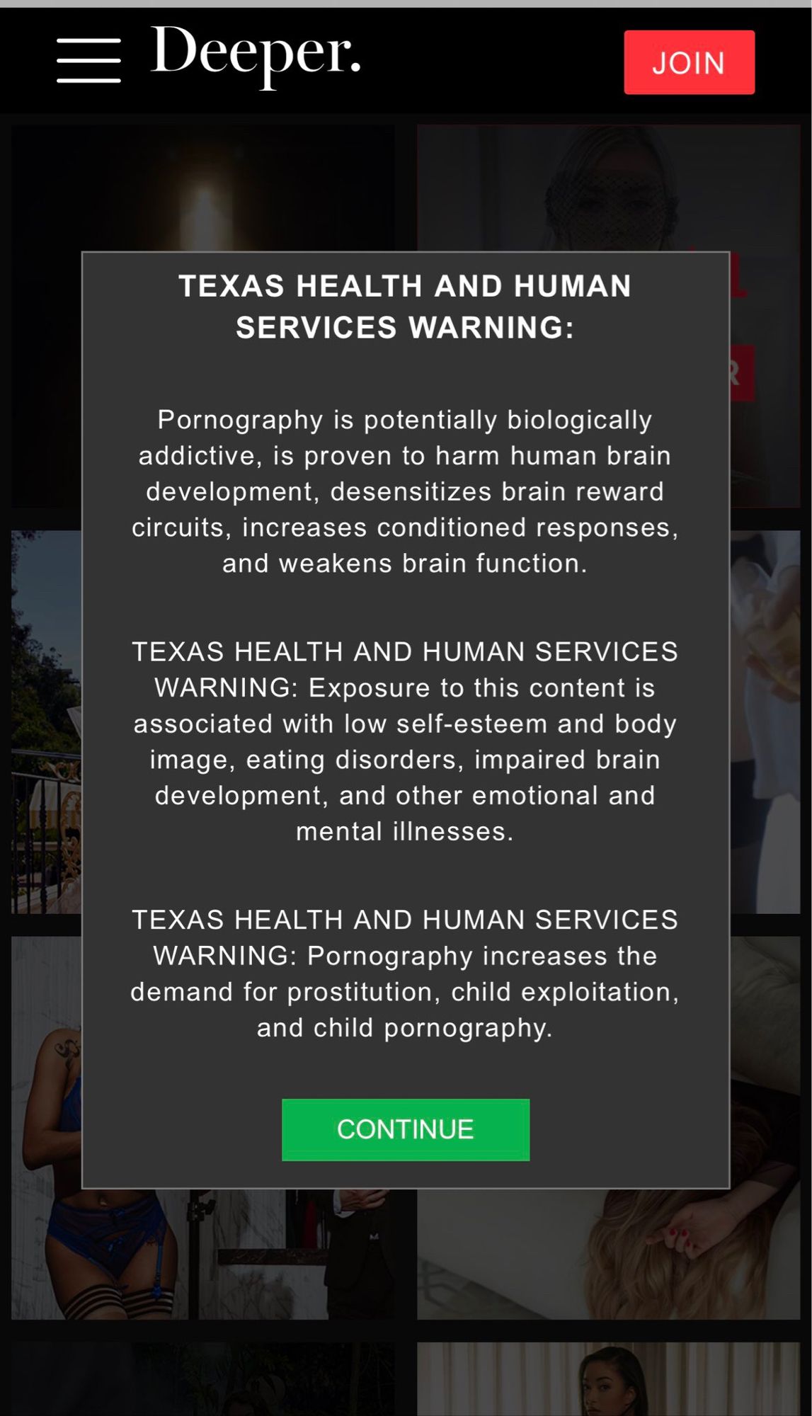 A Texas Health and Human Services warning pop-up carrying fraudulent health warnings about viewing porn.