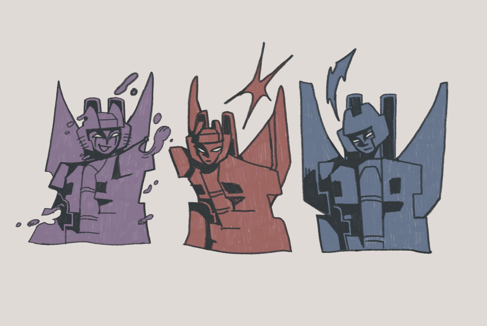 3 waist up drawings of Skywarp, Starscream and Thundercracker. They are colored flatly with a dull purple, red and blue respectively. Skywarp is sporting a playful expression, Starscream is hunched over slightly with a bitter gaze, and Thundercracker has a neutral frown.