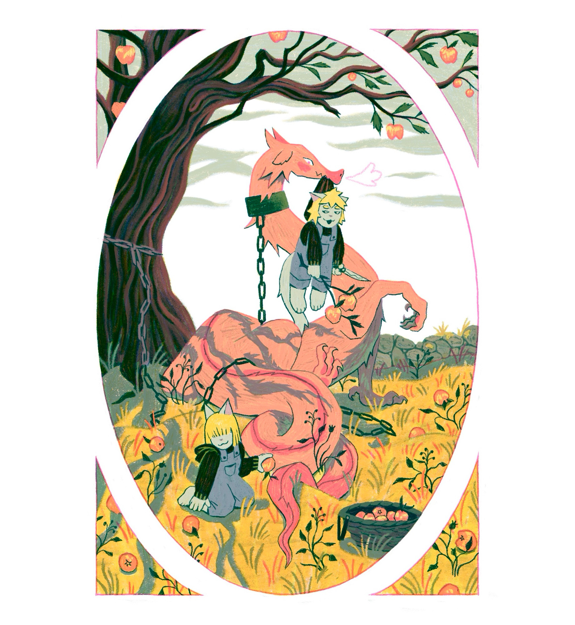 Two young catgirls stealing apples, caught in the act by a wyrm chained to the apple tree