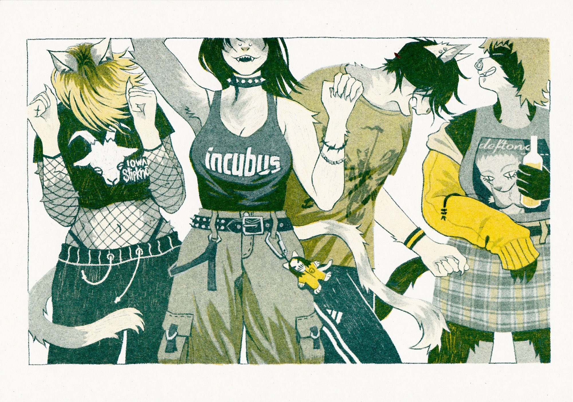 a duotone print in dark green and yellow of four dancing catgirls decked out in alternative fashion; a slipknot shirt, fishnet top, low rise sweatpants; spiked choker, incubus tank top, baggy cargo pants, a keyring charm of mick thomson; linkin park hybrid theory shirt, adidas trackpants; deftones tank top, yellow jacket, tartan skirt. 