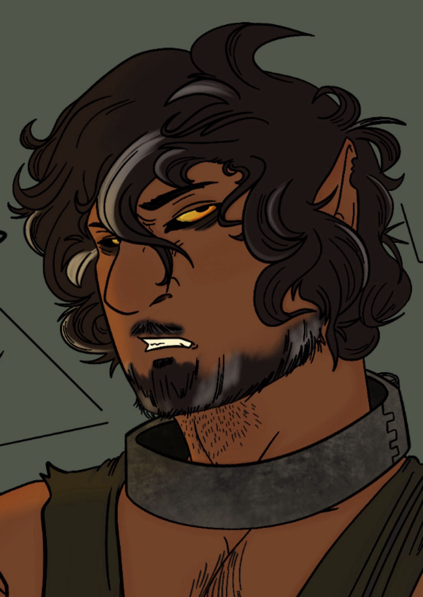 bust cropped drawing of werewolf “mutt” in his human form, greying and tousled hair/beard golden eyes, looking disgruntled