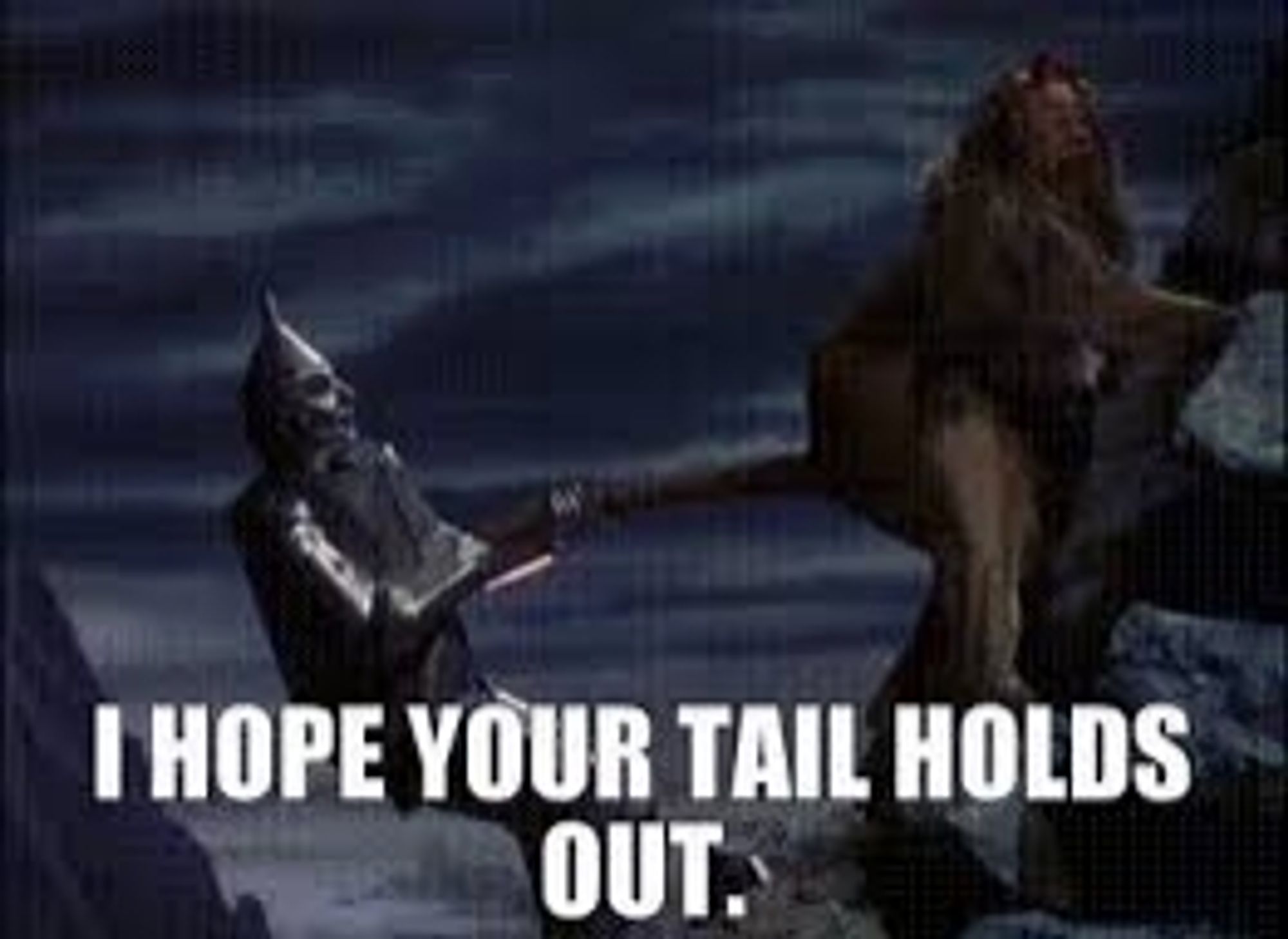 Tinman holding onto the Lion's tail, saying "I hope your tail holds out"