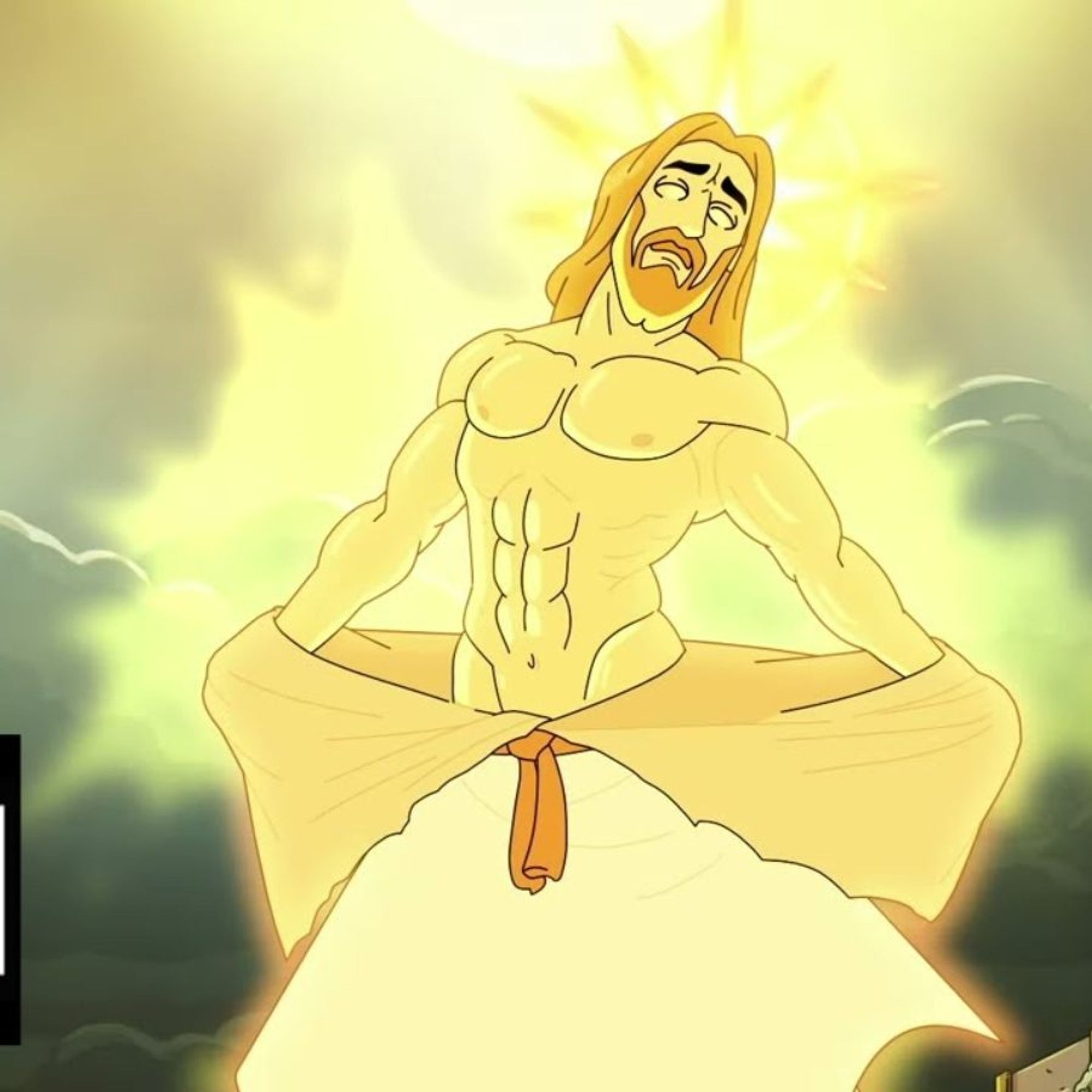 Buff and totally chiseled Jesus ripping his robe off, Rick and Morty.