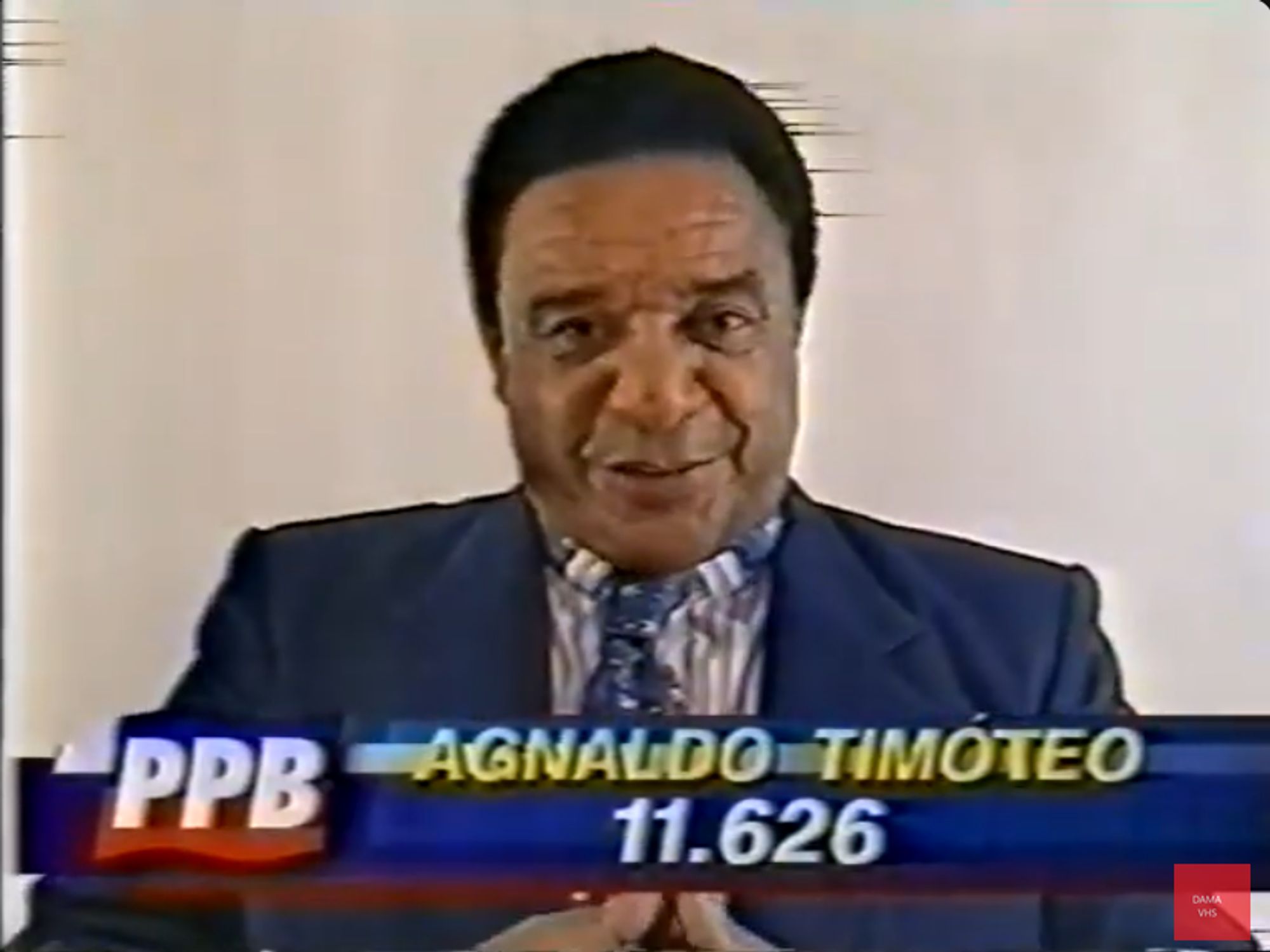 print de um horário político de 1996, onde o cantor agnaldo timóteo se candidata a vereador pelo ppb (atual progressistas)