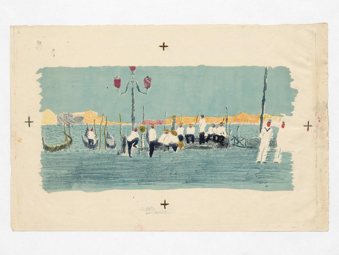 Gondoliers on water: a watercolour painting of a group of gondoliers with their boats on the lagoon in Venice by Audrey Amiss (c) Wellcome Collection