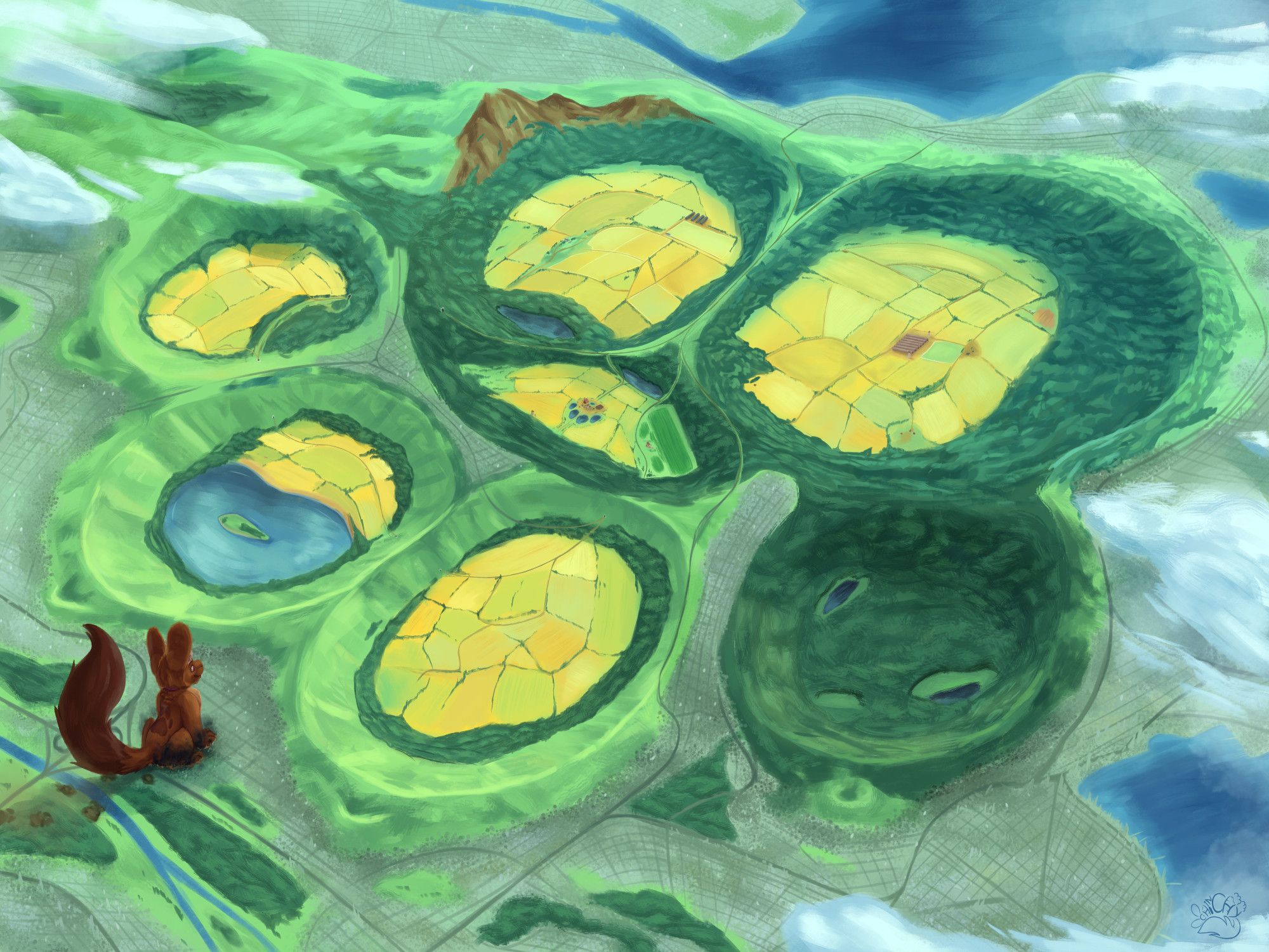 An aerial landscape painting of a gigantic, ancient, paw-shaped crater. This crater has become full of life, and is the home of several forests and a huge farm. A city surrounds this dozen-mile-wide paw crater on all sides. We can see the chinchilla kaiju who made the crater. He is currently much smaller (though still quite huge), and has returned to admire his ancient handiwork.