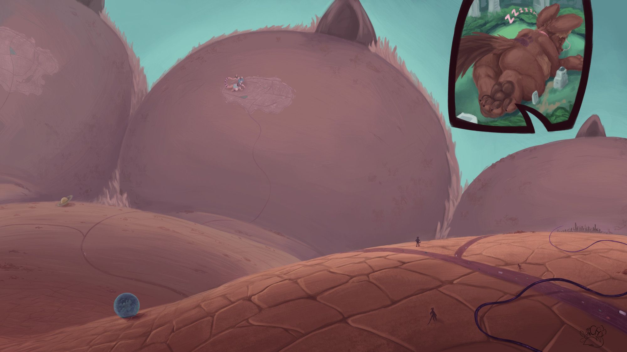 A landscape painting of a pawpad, up close, with tiny planets and cities strewn about it and a road going past in the foreground. Toes loom like majestic mountains in the distance. In a side panel, we see the owner of the paw: a giant chinchilla kaiju who is fast asleep on a city park.