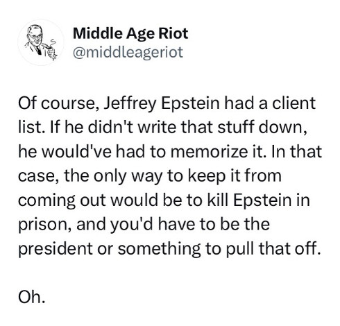 A post from Middle Age Riot (@middleageriot) reads:

Of course, Jeffrey Epstein had a client list. If he didn't write that stuff down, he would've had to memorize it. In that case, the only way to keep it from coming out would be to kill Epstein in prison, and you'd have to be the president or something to pull that off.

Oh.
