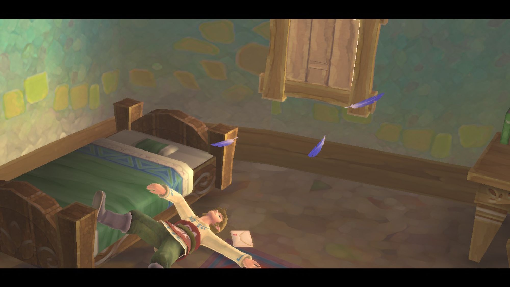 Screenshot from the game Skyward Sword HD. Link is lying flat on his back, on the floor with one arm and leg on his bed.