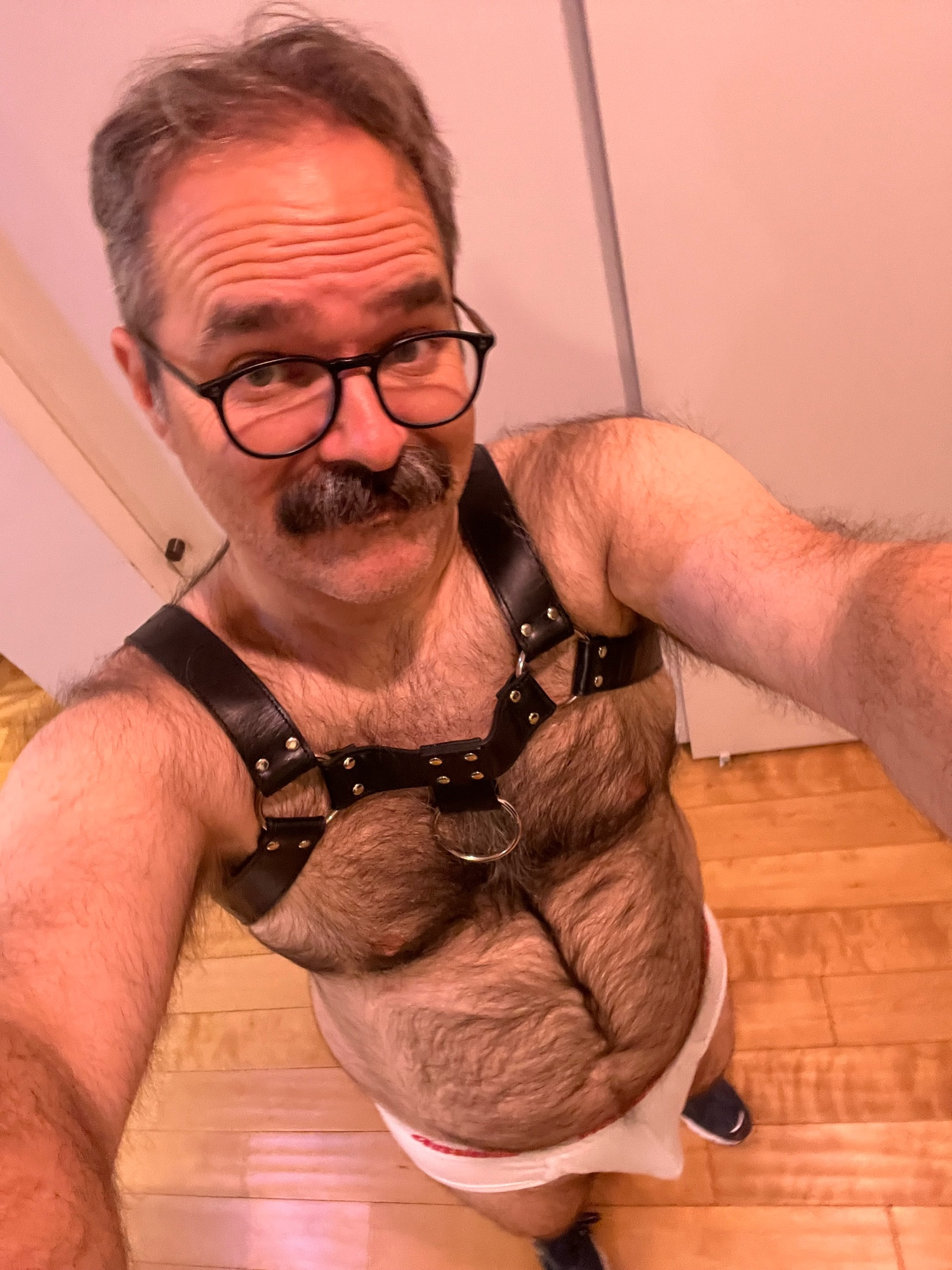 Furry man with mustache and glasses wearing a harness and white briefs