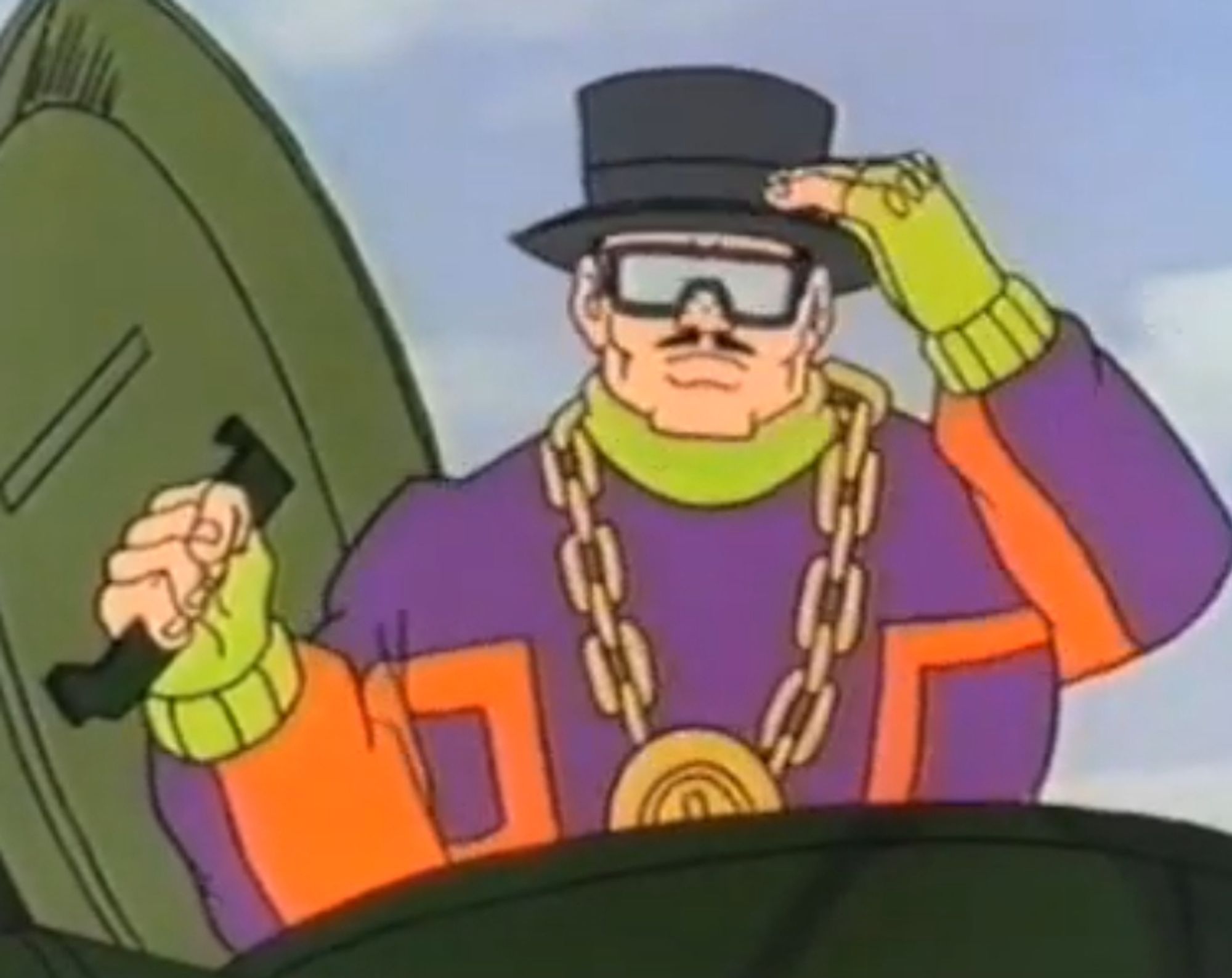 A picture of Oddjob from James Bond Jr., featuring him with a bulky neon green, purple, and orange jacket, a thick gold chain, and snowboarder glasses. God. Can you believe that shit.