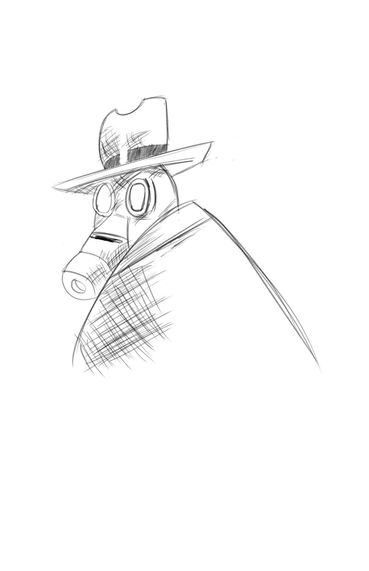 A sketch of Wesley Dodds, The Sandman, staring over his shoulder while wearing a gas mask and fedora.