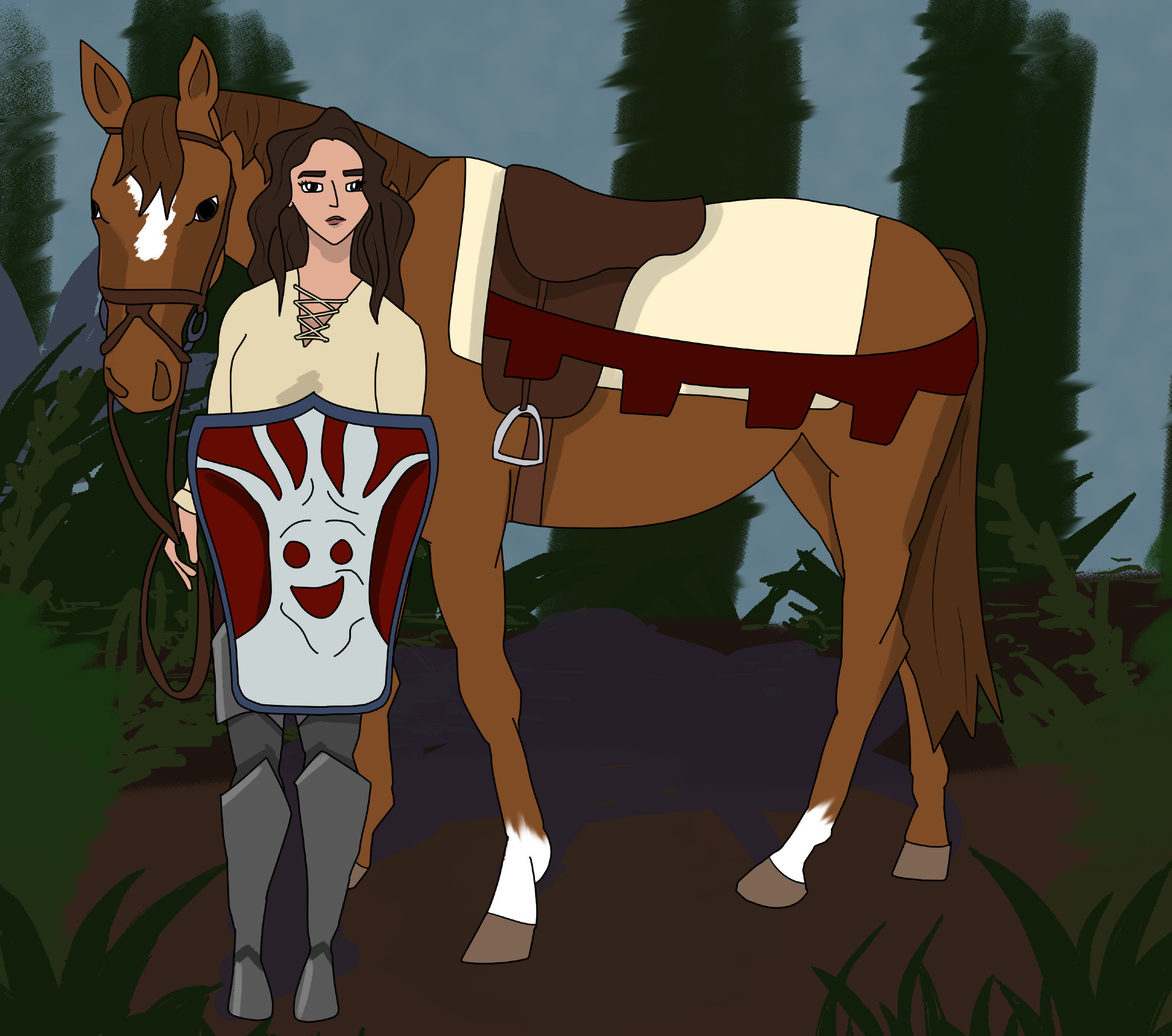 Lyanna Stark with a horse and she is holding the knight of the laughing tree shield 