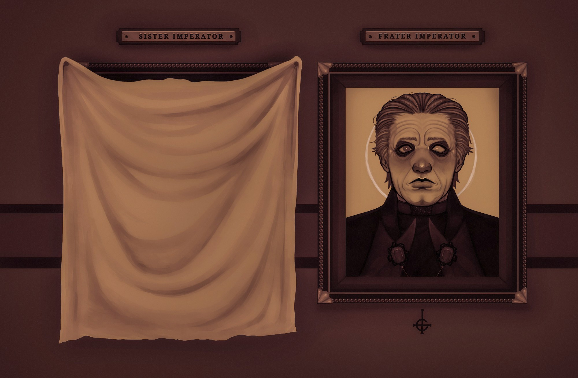 digital illustration of a hallway with two picture frames, one has a sheet pinned over it, covering most of it. a name plate above the frame says "sister imperator." the second picture frame has a photo of frater imperator from the chest up, it is a portrait. he does not look very happy, but not exactly upset either, somewhat sad. his picture frame also has a name plate above it, reading "frater imperator."