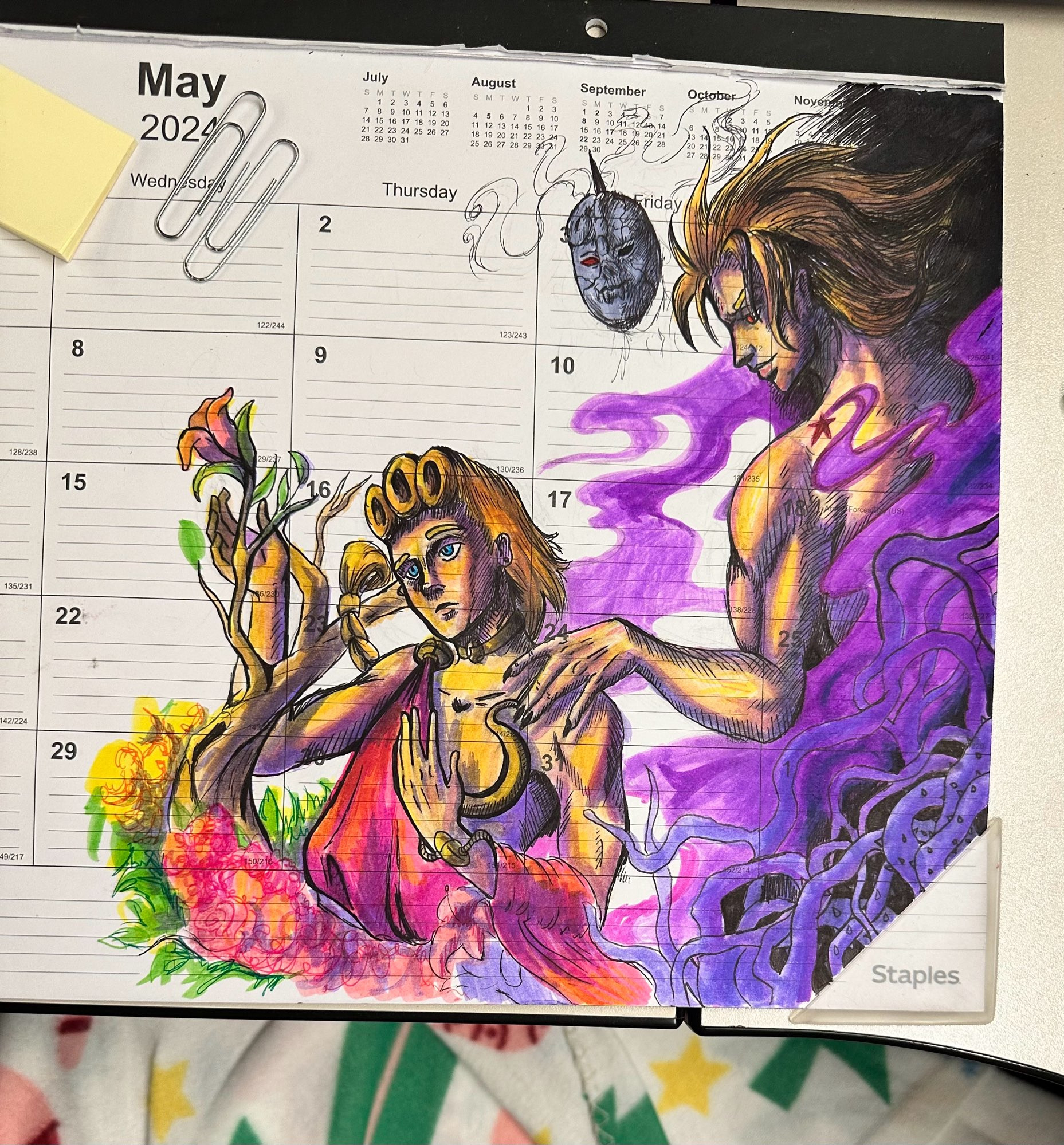 Marker drawing of Giorno Giovanna from Jojos Bizarre adventure surrounded by pink flowers and wearing a pink fabric and Dio behind him, reaching for him, surrounded by purple thorns