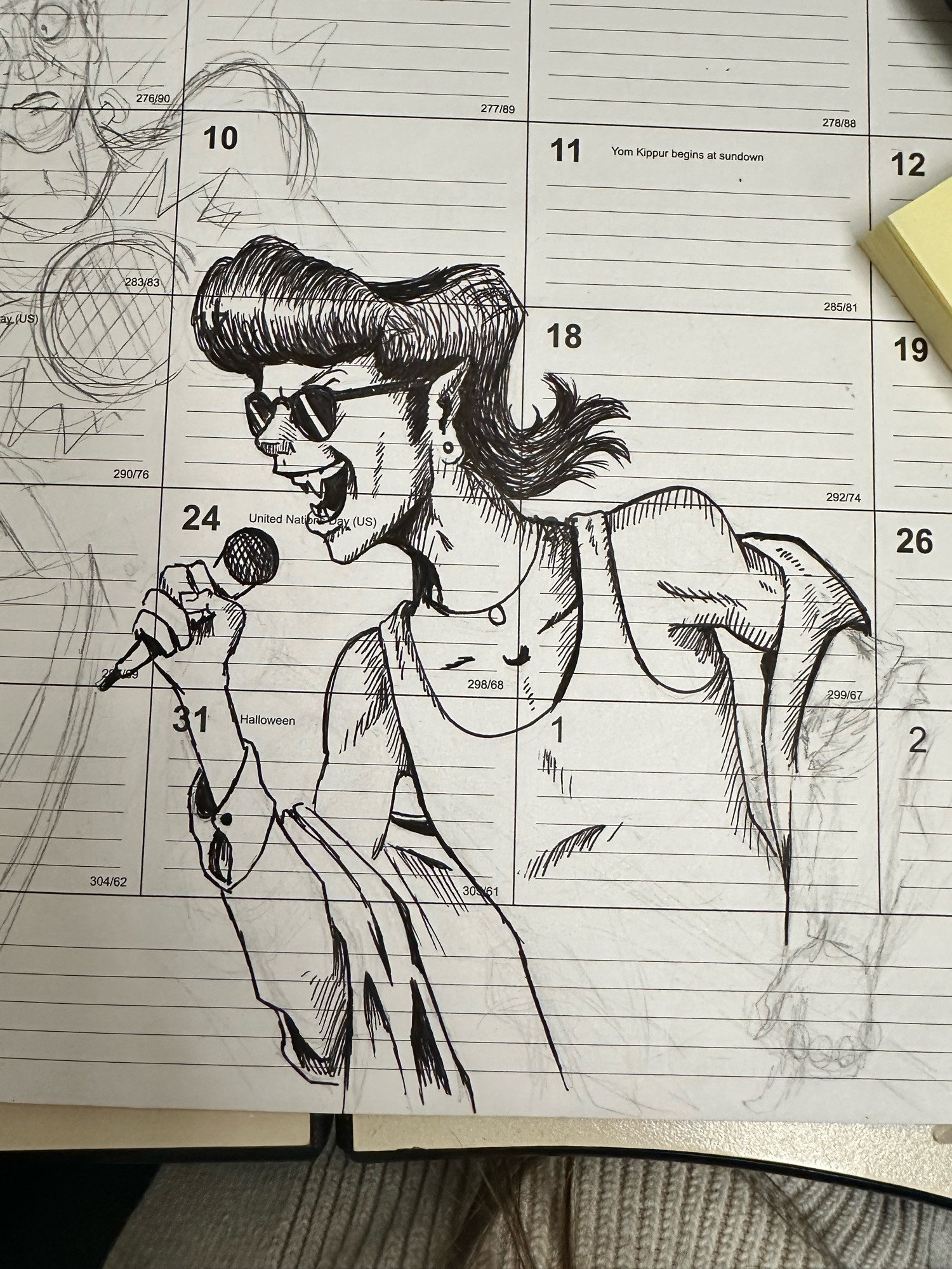 Black and white pen drawing of Josuke as a vampire singing into a microphone