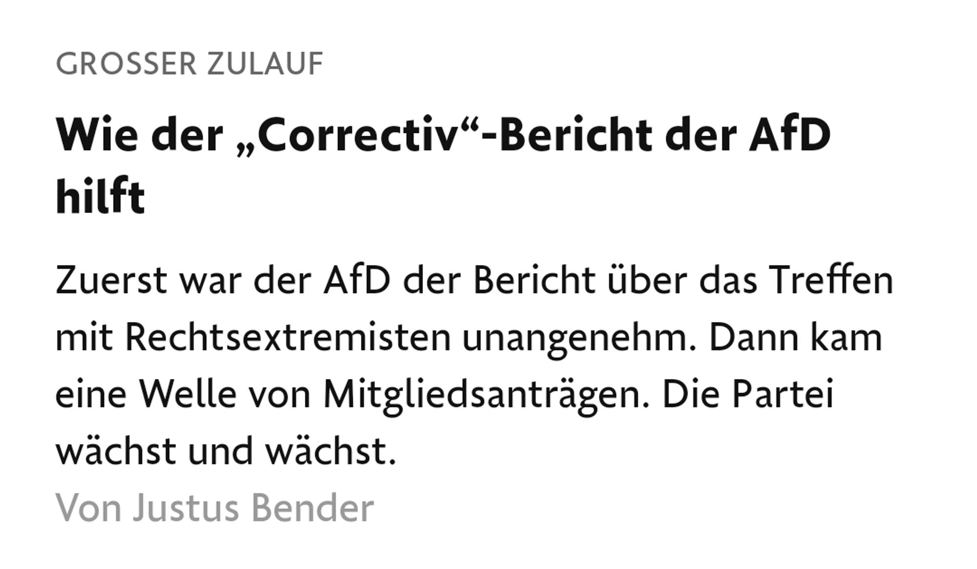 FAZ.NET

GROSSER ZULAU
Wie der „Correctiv“-Bericht der AfD hilft
Von Justus Bender
25.01.2024, 18:35
Jetzt getrennt: Alice Weidel und und ihr Referent Roland Hartwig im Oktober 2023 bei der Pressekonferenz nach den Wahlen in Bayern und Hessen
Zuerst war der AfD der Bericht über das Treffen mit Rechtsextremisten unangenehm. Dann kam eine Welle von Mitgliedsanträgen. Die Partei wächst und wächst.