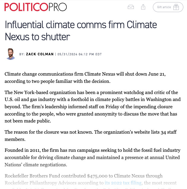 PoliticoPRO story screenshot, headline: Influential climate comms firm Climate Nexus to shutter