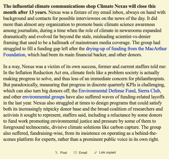 Semafor story screenshot, headline: The influential climate communications shop Climate Nexus will close this month after 13 years.