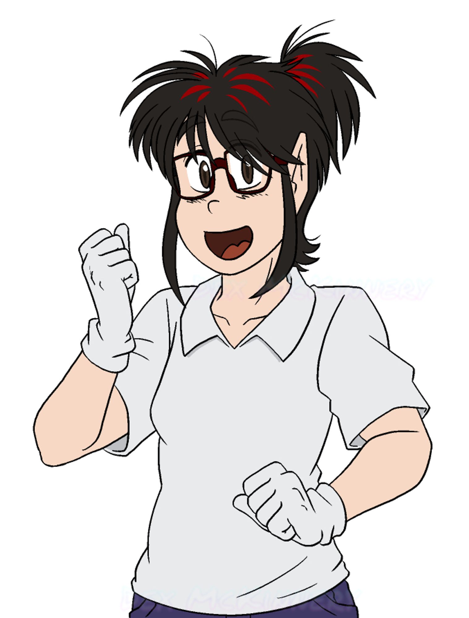 Artwork of my OC, Rossa, a fan character from my Pokémon fan webcomic, DGiacomo. She has dark hair with red highlights and deep red glasses