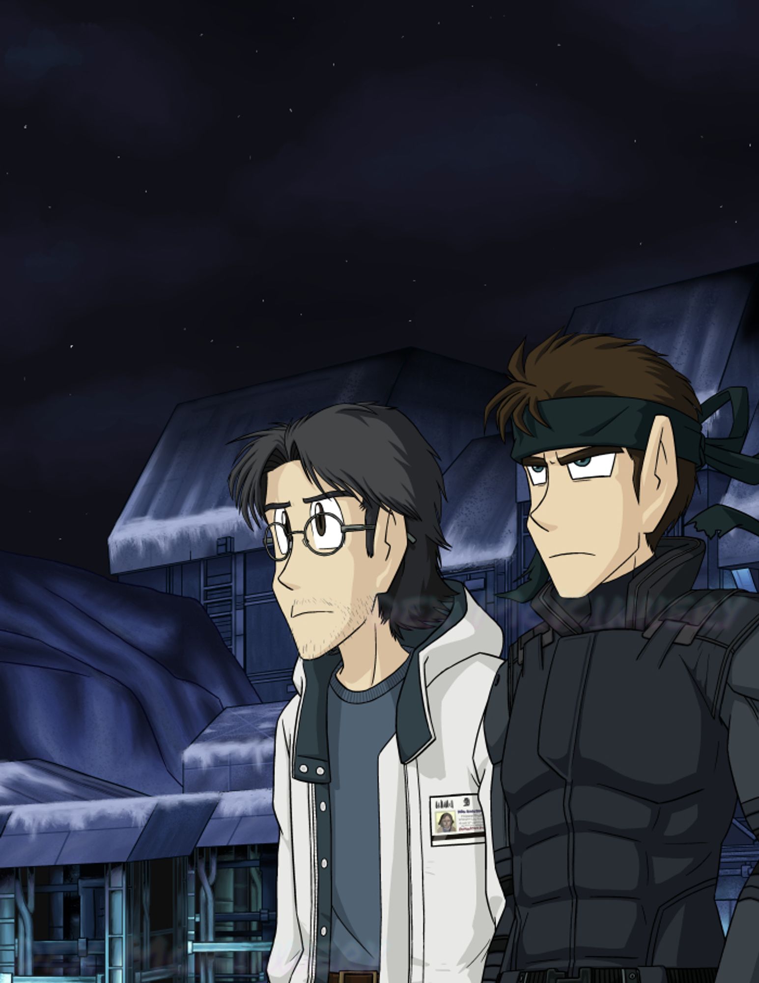 Fan art from September 2015 of Solid Snake and Otacon from Metal Gear Solid standing outside Shadow Moses