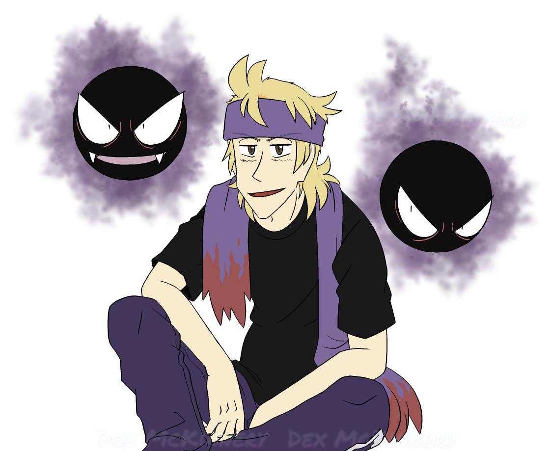 Fan Art of Morty / Matsuba from Pokémon Gold/Silver/Crystal/Heart Gold/Soul Silver sitting with a pair of Gastly