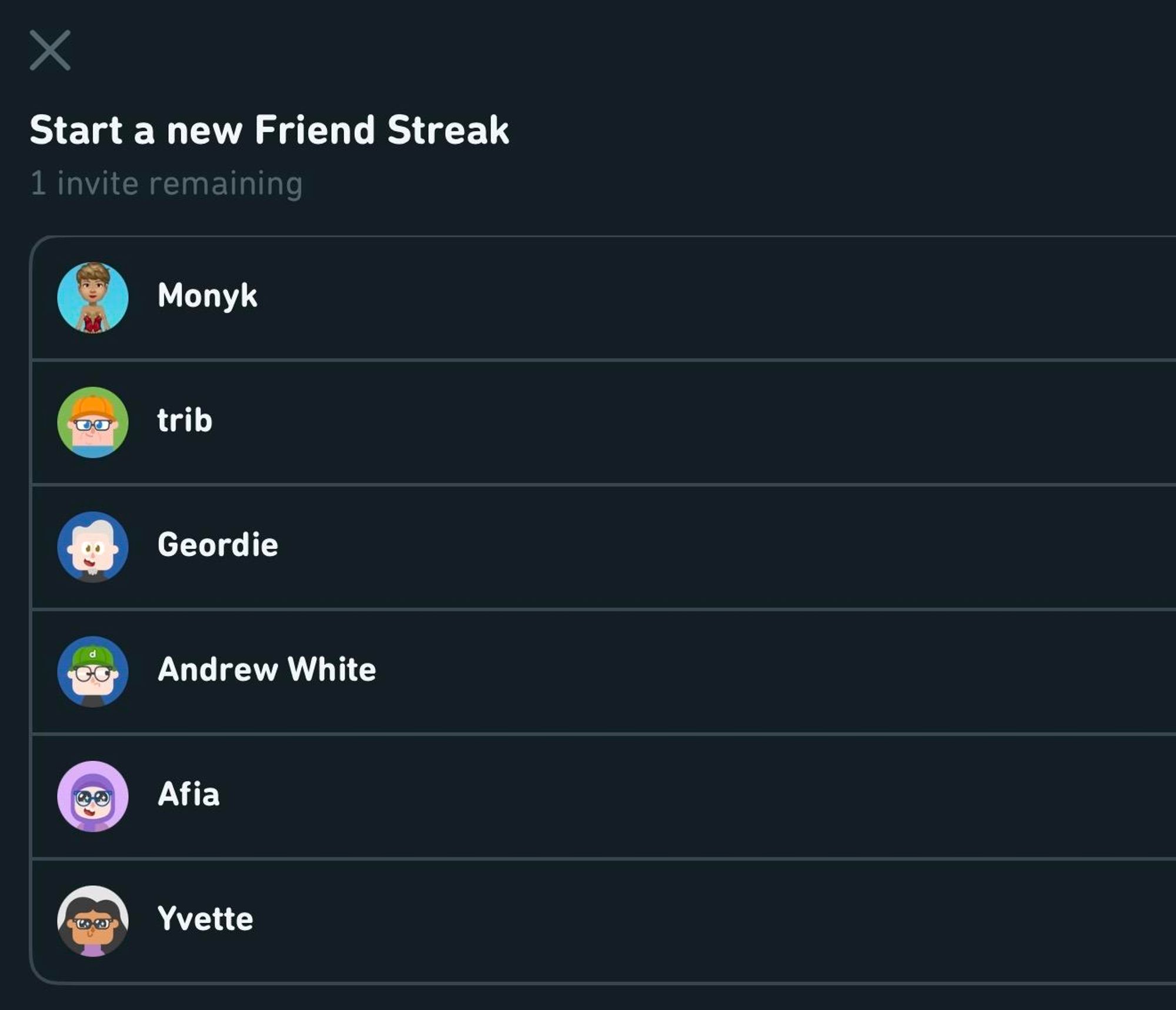 Friends list with Geordie on it. 