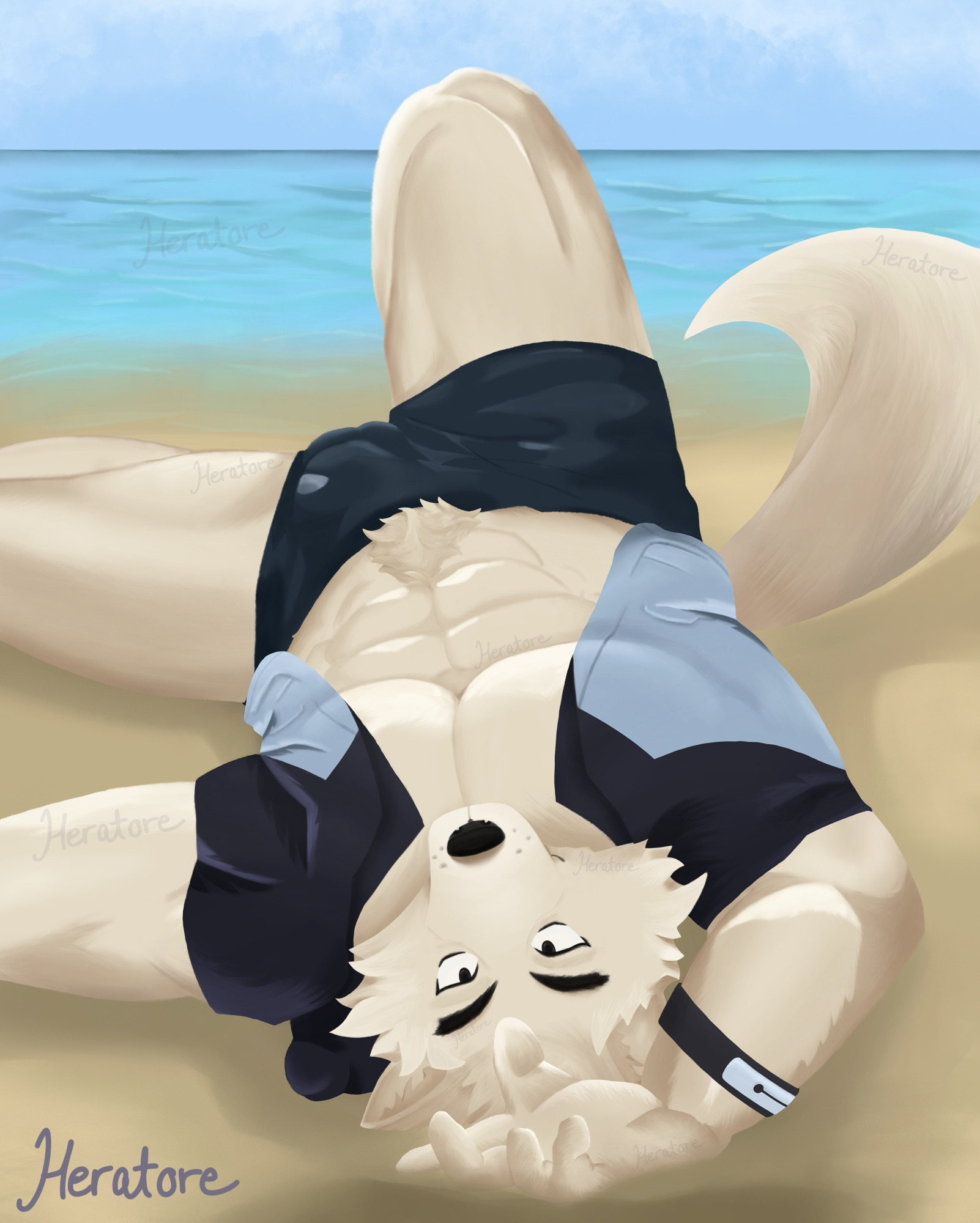 Digital art of the character Silver from the visual novel “Remember the Flowers” laying on the beach with his jacket unzipped. 