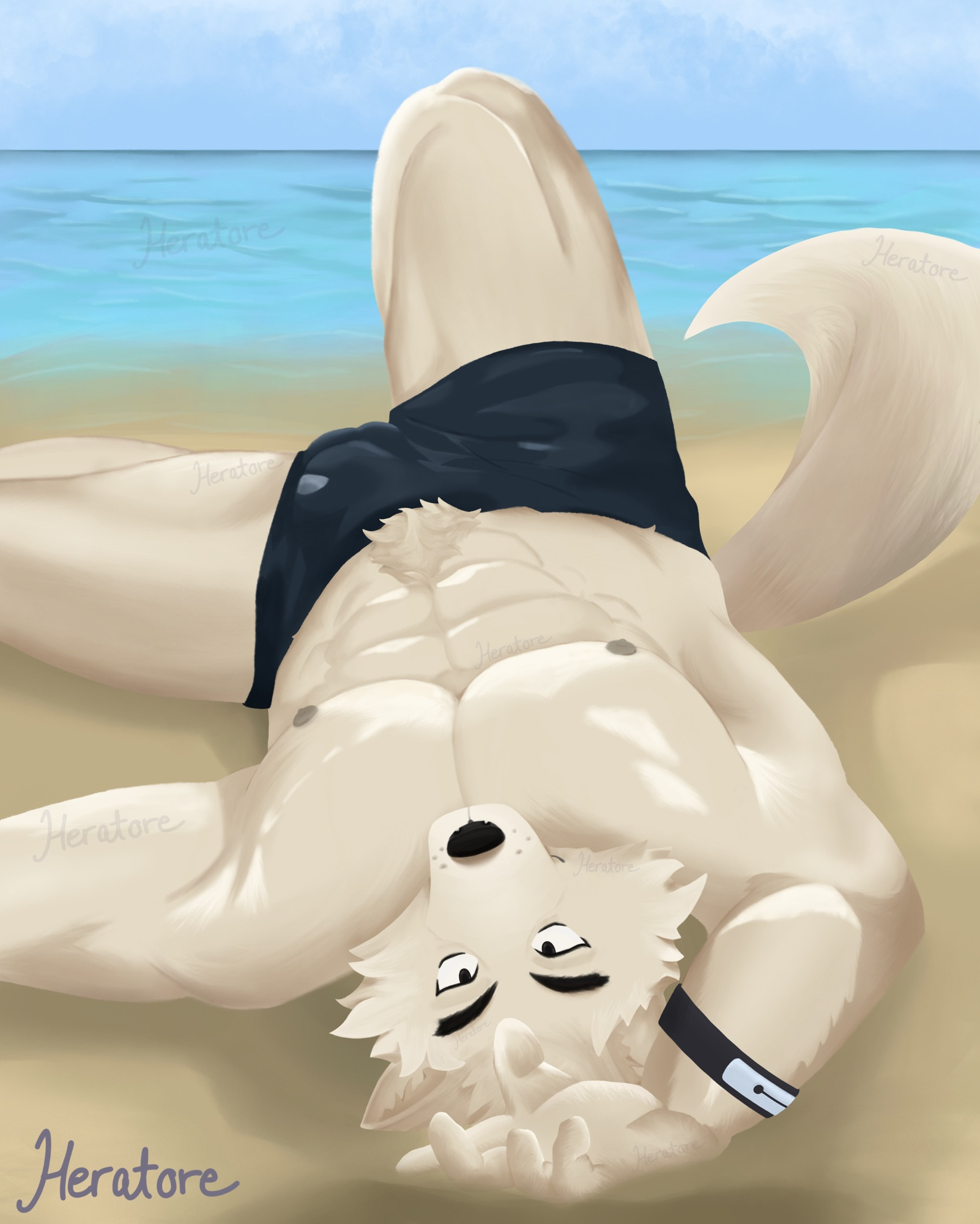 Digital art of the character Silver from the visual novel “Remember the Flowers” laying on the beach with his jacket removed. 