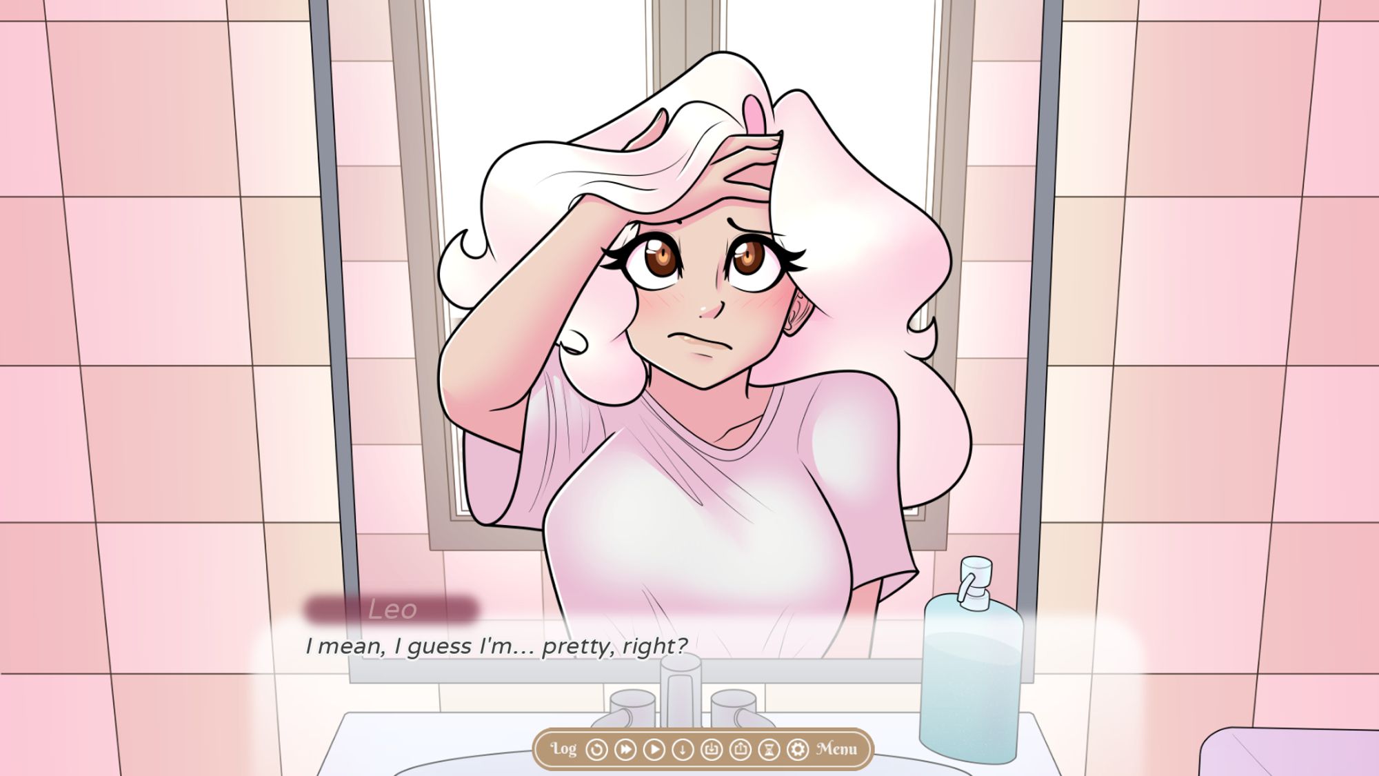 A visual novel screenshot of a feminine person facing a bathroom mirror as they lift up their hair to check their face. The textbox is a thought that reads "Leo: I mean, I guess I'm pretty, right?"