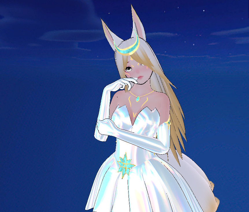 A kitsune in a pearl coloured dress and arm length gloves, with a star crystal jewel lined with gold on the centre of her dress at the top of the skirt with white and gold hair, tails, and ears and a crescent moon shaped crown matching the jewel on her dress