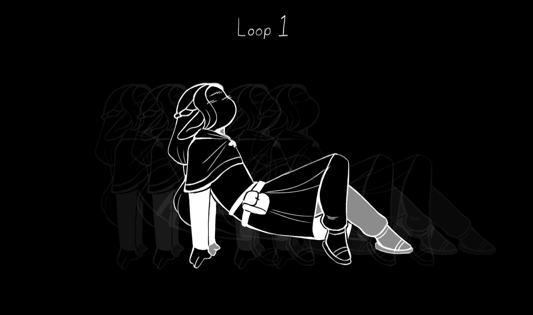 black and white drawing of marcille floating in space. above her it says "loop 1".