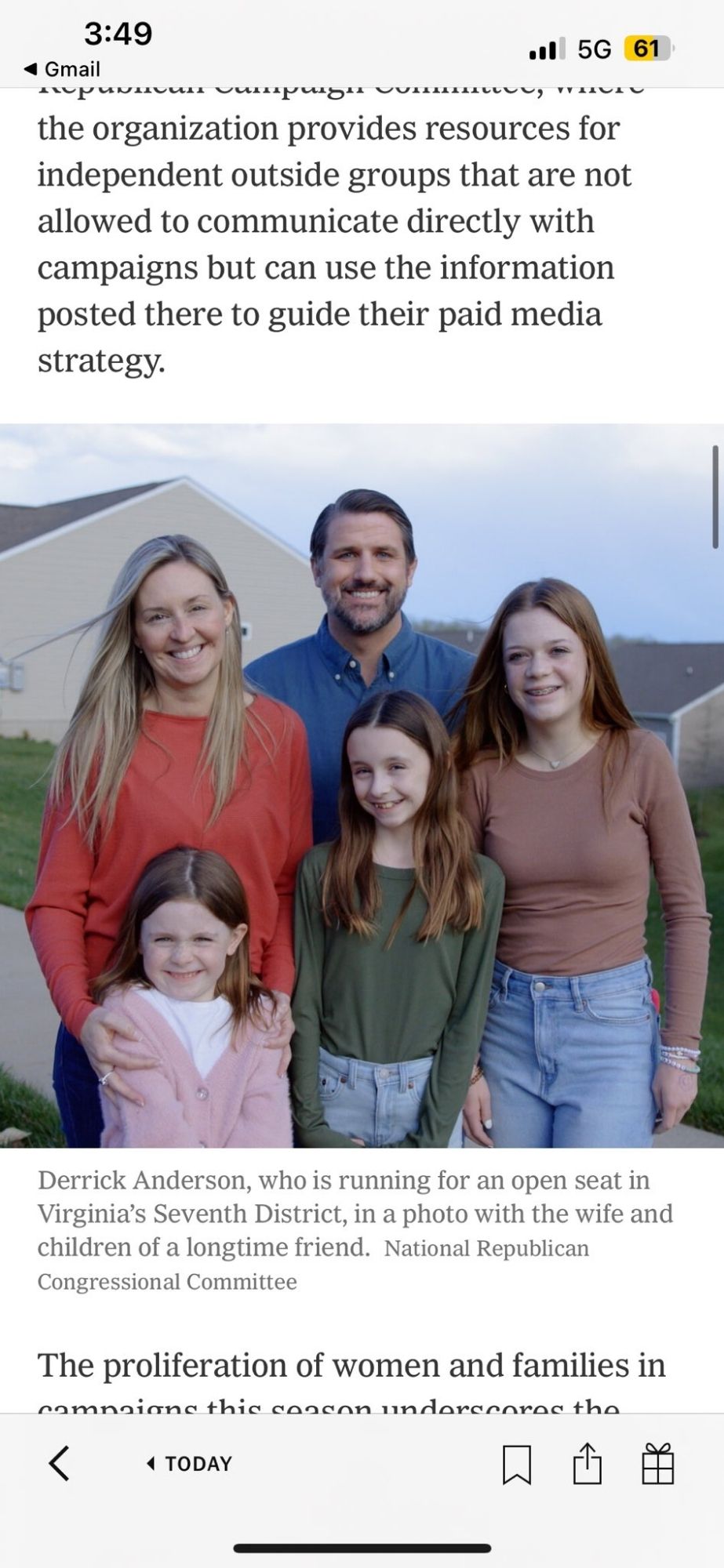 Derrick Anderson, who is running for an open seat in Virginia's Seventh District, in a photo with the wife and children of a longtime friend.