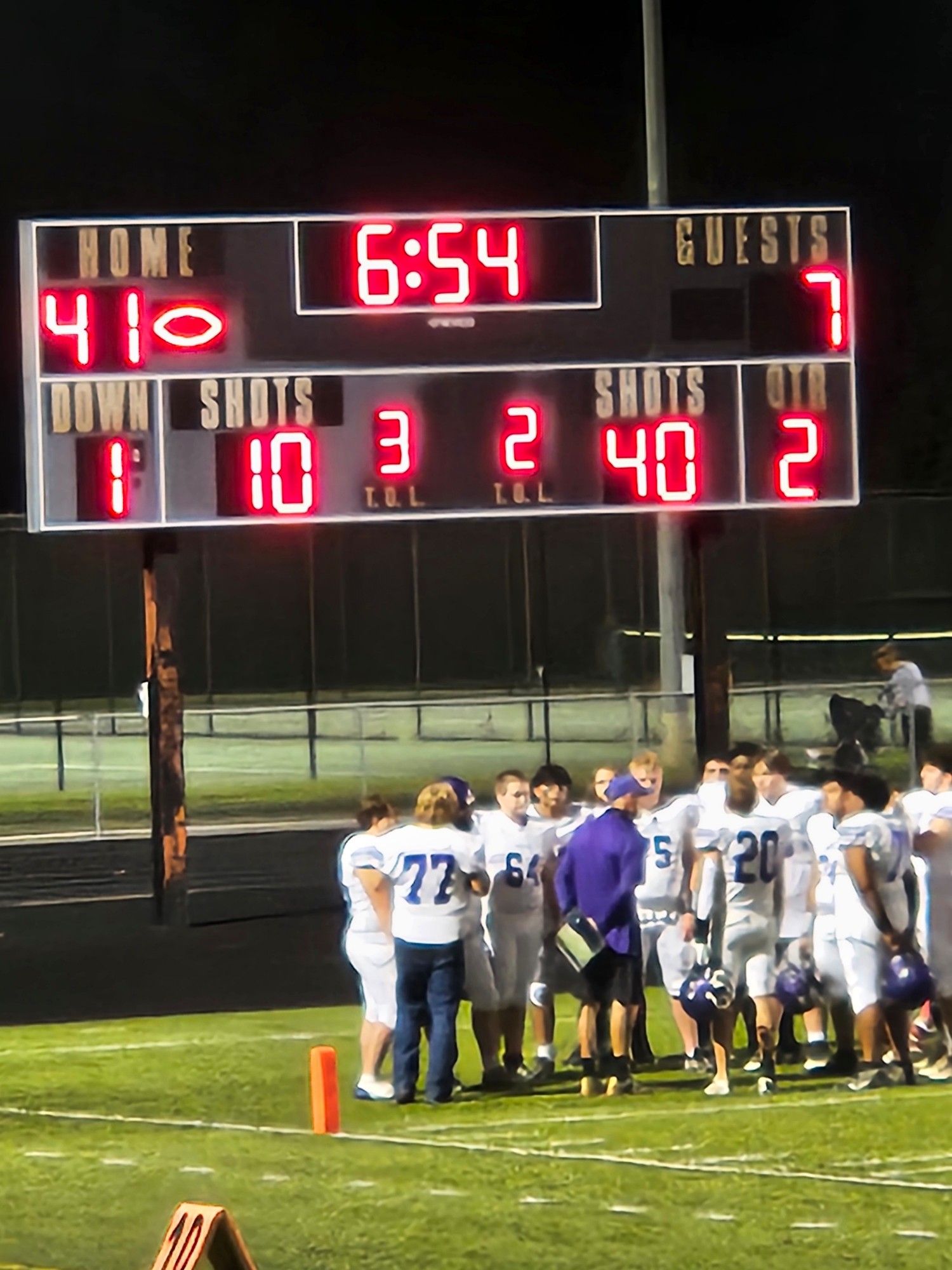 Football scoreboard saying Home 41, Visitors 7