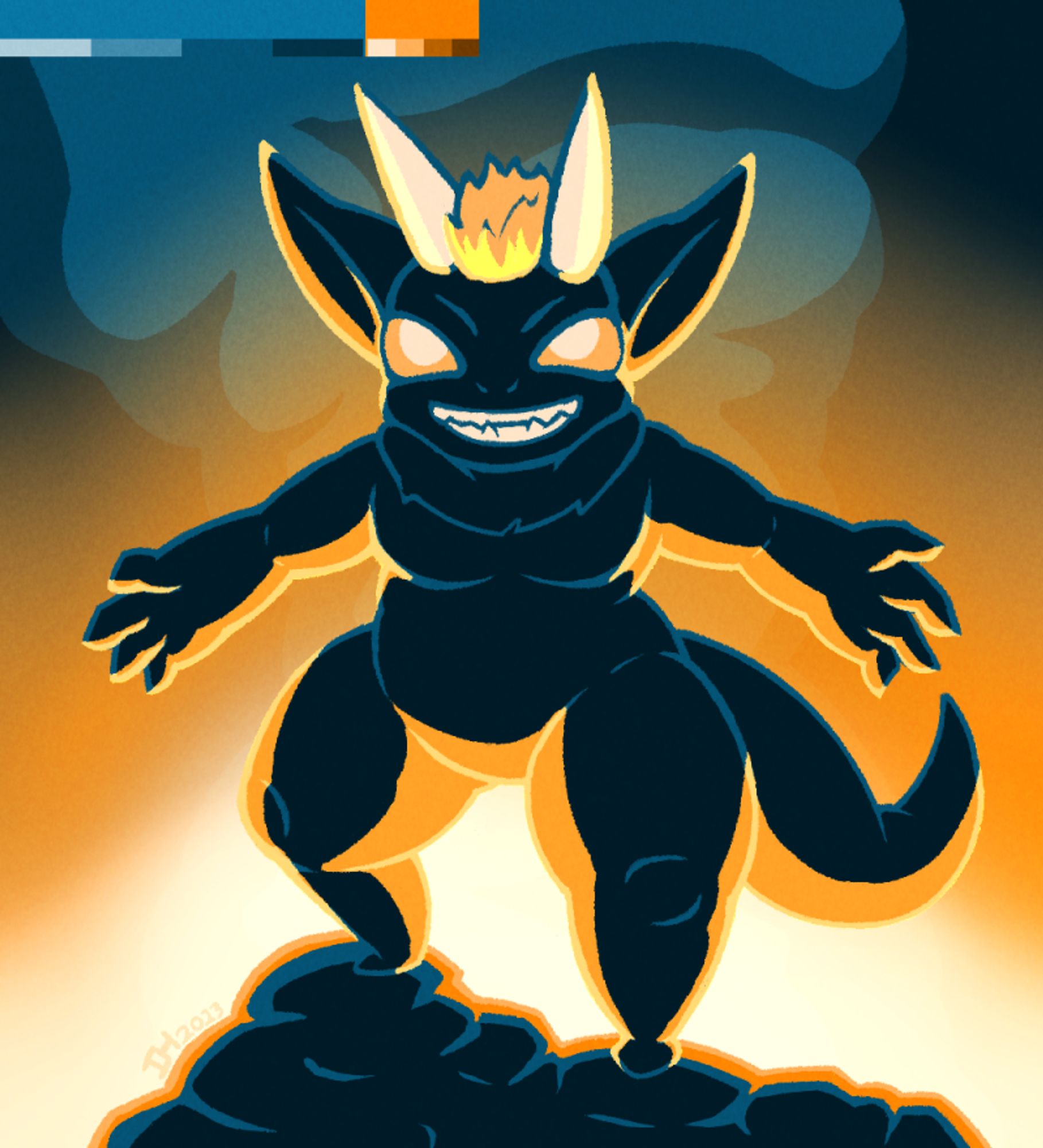 Grinning imp with explosion backlighting